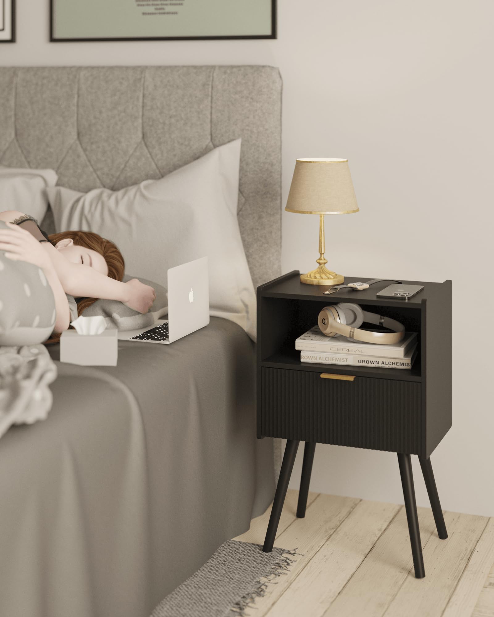 JOONEE Nightstand,Modern Bedside Table with Storage Drawer and Open Wood Shelf, for Living Room, Bedroom and Small Spaces, Accent Night Stand with Solid Wood Legs, Easy Assembly,Walnut Brown