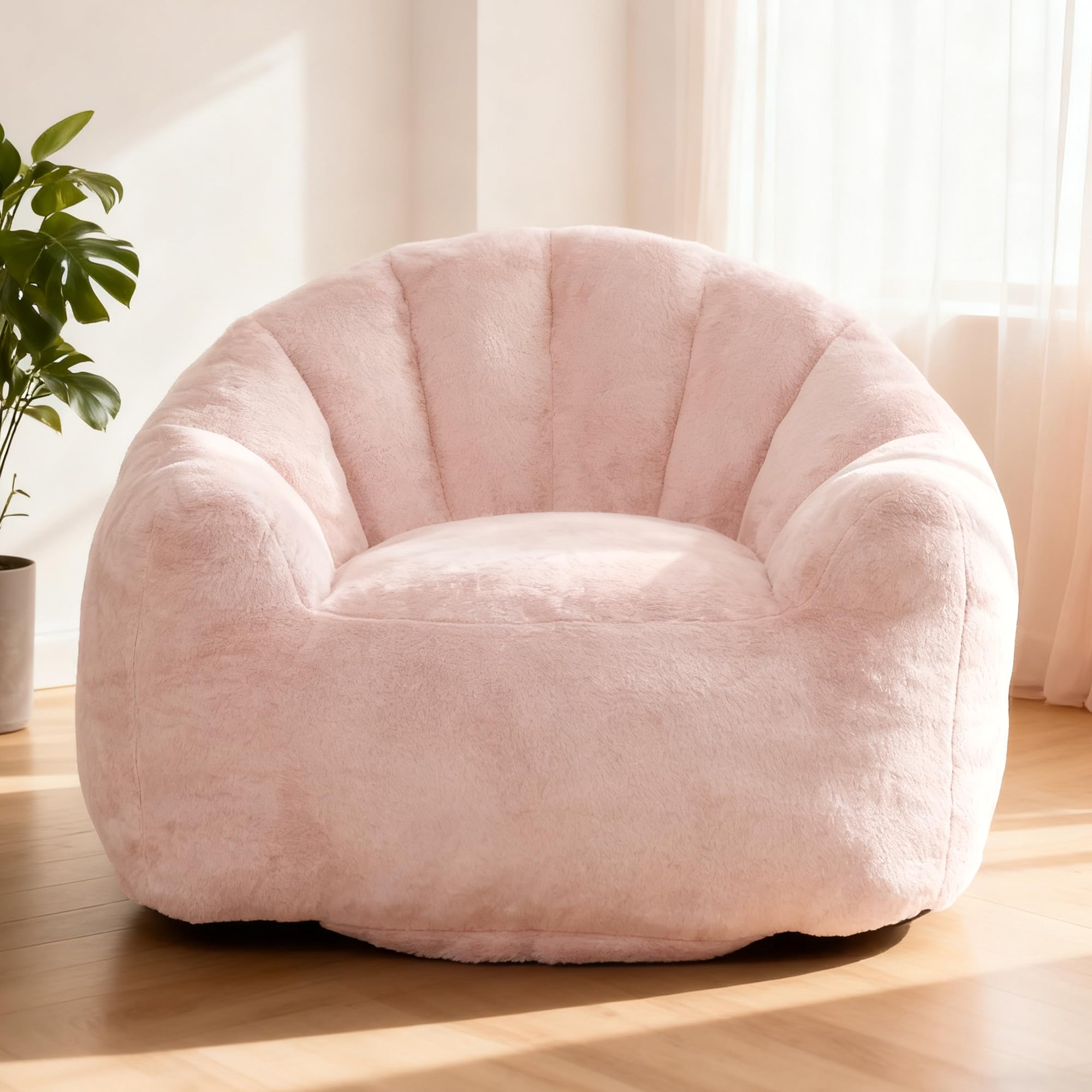 Bean Bag Chair, Giant Beanbag Chiars for Adults, Faux Fur Shell-Shaped Floor Sofa with Filler, Comfy Chair for Reading, Gaming and Relax (Grey)