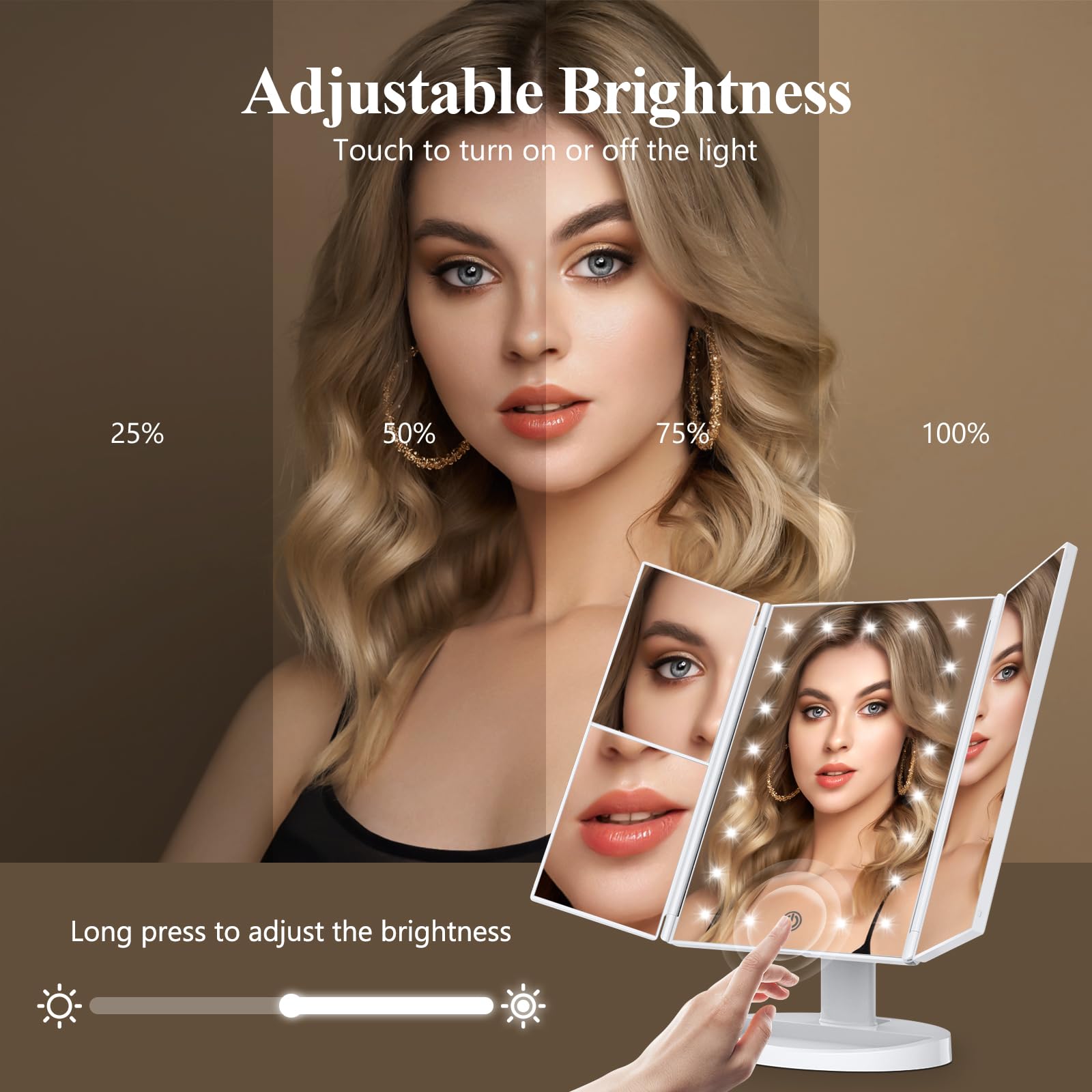 HUONUL Makeup Mirror, Vanity Mirror with Lights, 2X/3X/10X Magnification, Touch Control, Trifold, Dual Power Supply, Birthday Gifts for Women, Wife, Mom, Girls,Dorm Room Essentials
