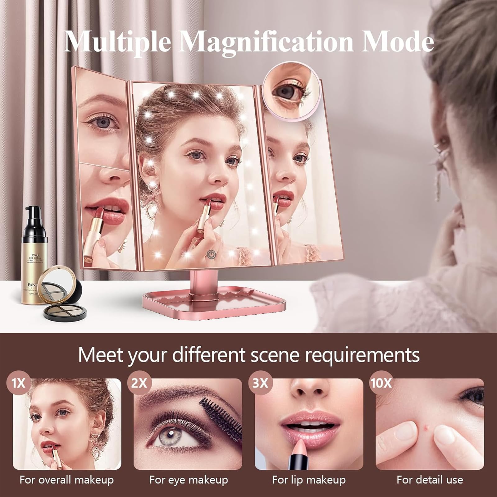 HUONUL Makeup Mirror, Vanity Mirror with Lights, 2X/3X/10X Magnification, Touch Control, Trifold, Dual Power Supply, Birthday Gifts for Women, Wife, Mom, Girls,Dorm Room Essentials
