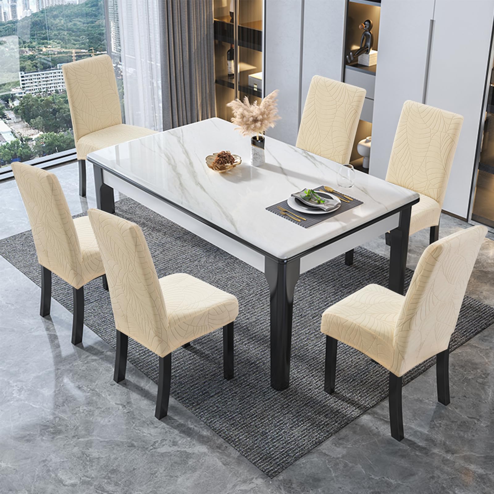 Genina 100% Waterproof Chair Covers for Dining Room Set of 4, Stretch Parson Chair Slipcovers for Kitchen Chairs, Washable Chair Protectors, Leaves-Warm Gray