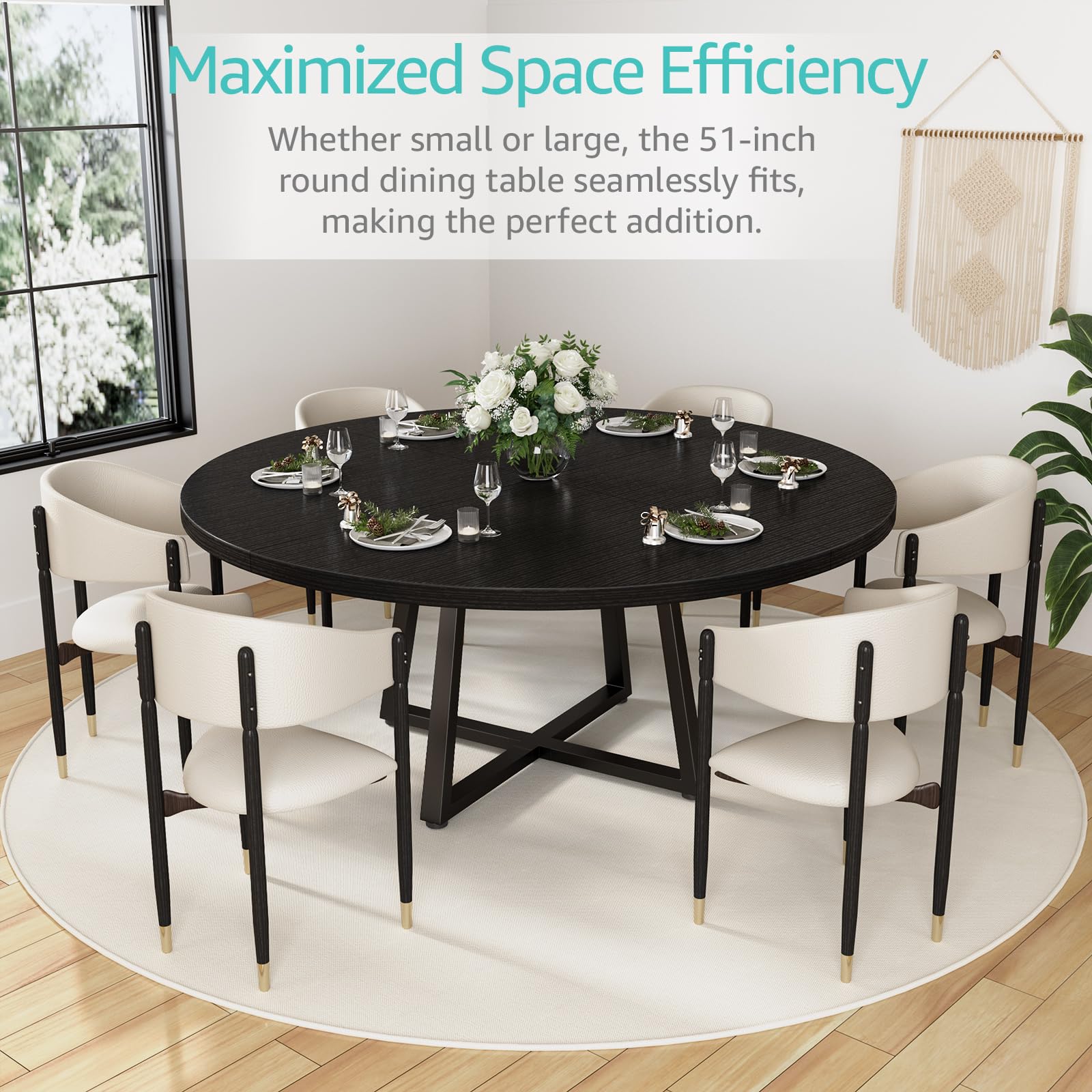 NUTIKAS 42 Inch Round Dining Table for 4, Modern Black Wood Grain Kitchen Table with Cross Metal Legs, Circular Industrial Dinner Table for Small Spaces, Breakfast Nook, Apartment, Office