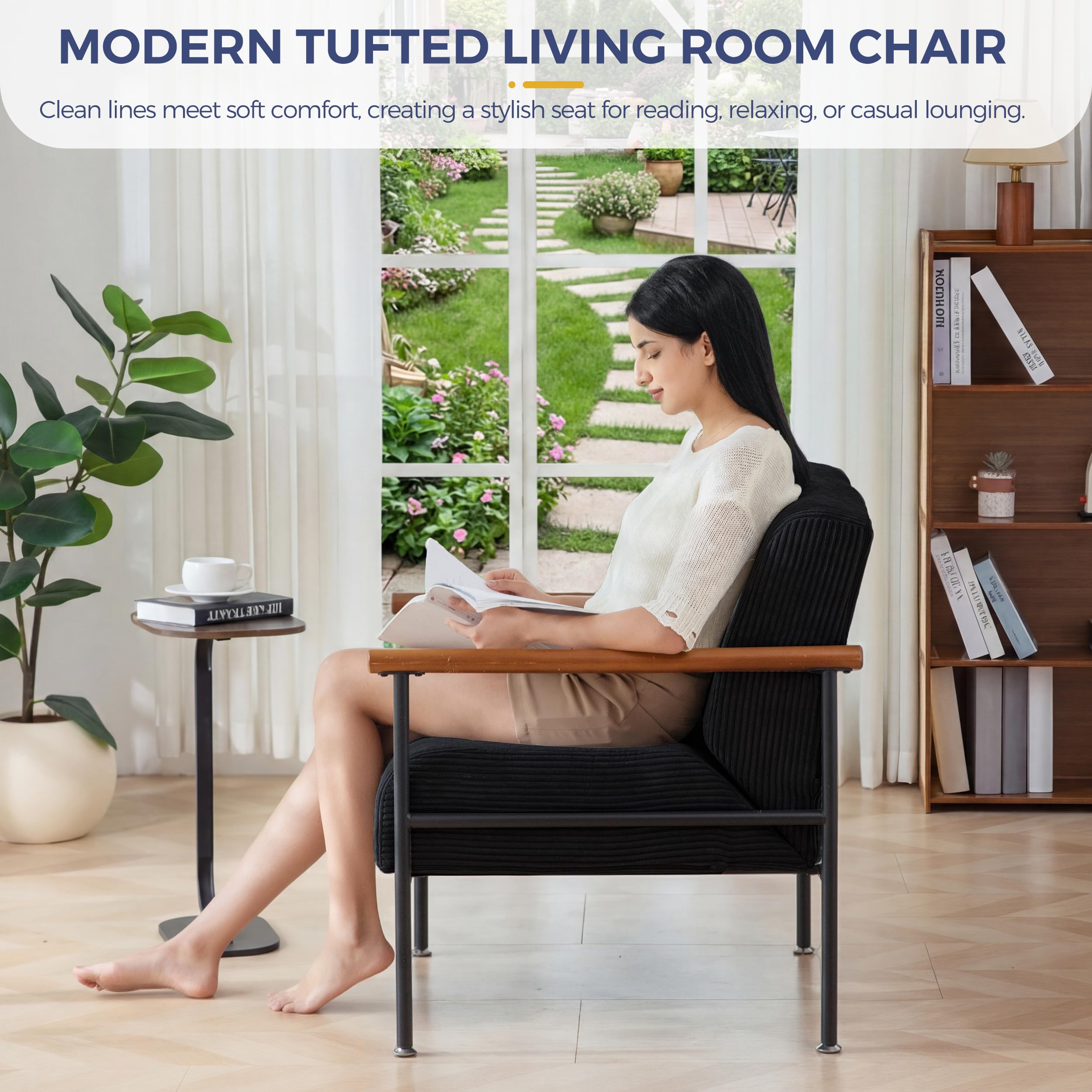 MAXYOYO Living Room Accent Chair, Modern Chair with Sturdy Metal Frame & Wood Armrests, Upholstered Reading Chair with Upholstered Cushion for Bedroom Balcony Porch, Beige