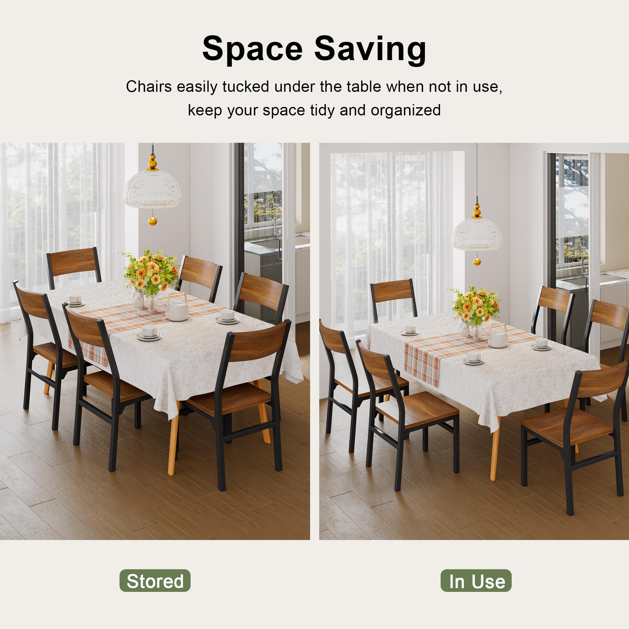 Feonase Dining Chairs Set of 6, Modern Kitchen Chairs with Ergonomic Backrest, MDF Board and Metal Legs, Dinner Chairs for Dining Room, Kitchen and Living Room, Walnut