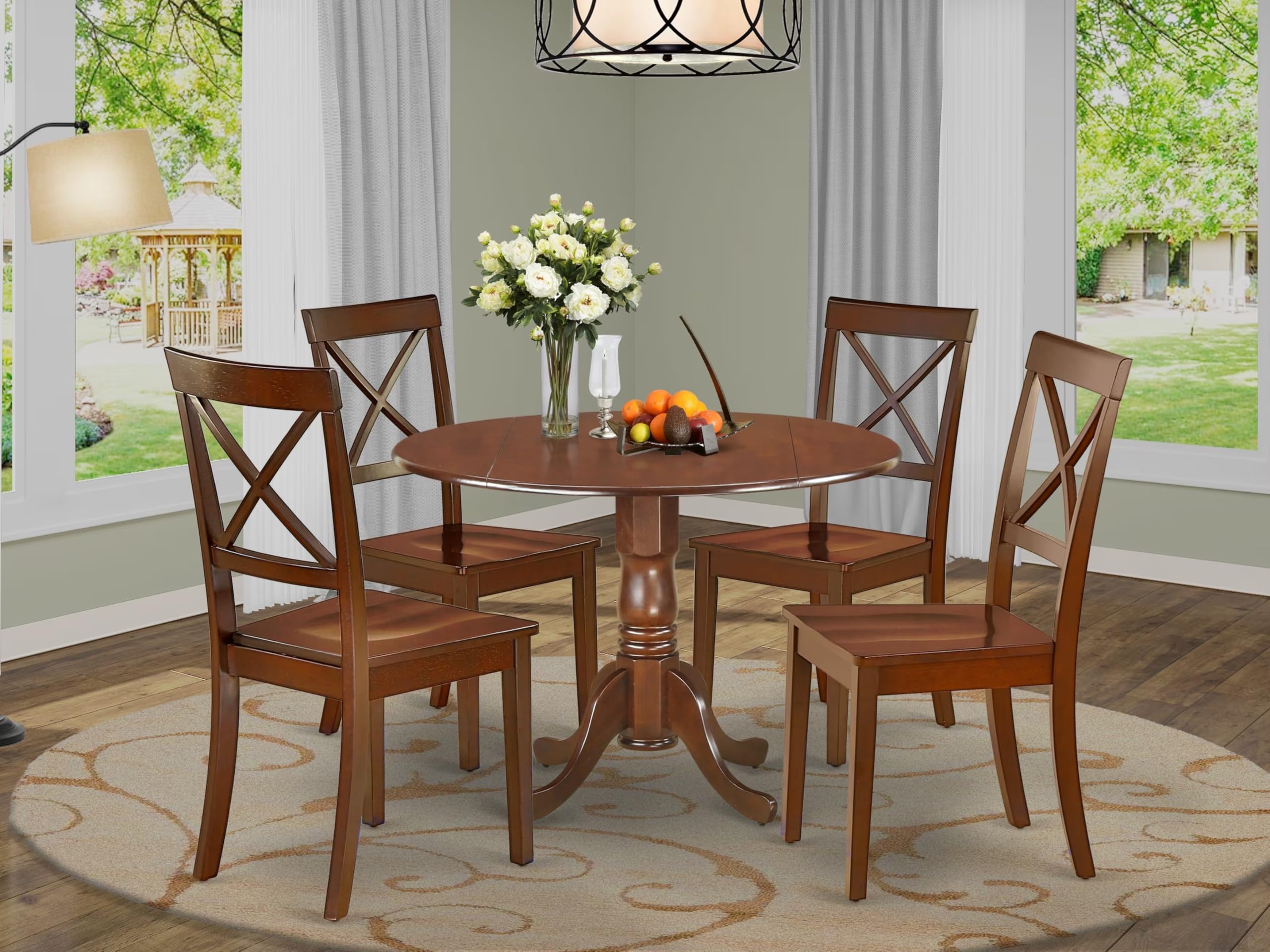 East West Furniture DLBO5-WHI-W 5 Piece Kitchen Table Set for 4 Includes a Round Dining Room Table with Dropleaf and 4 Solid Wood Seat Chairs, 42x42 Inch, Linen White