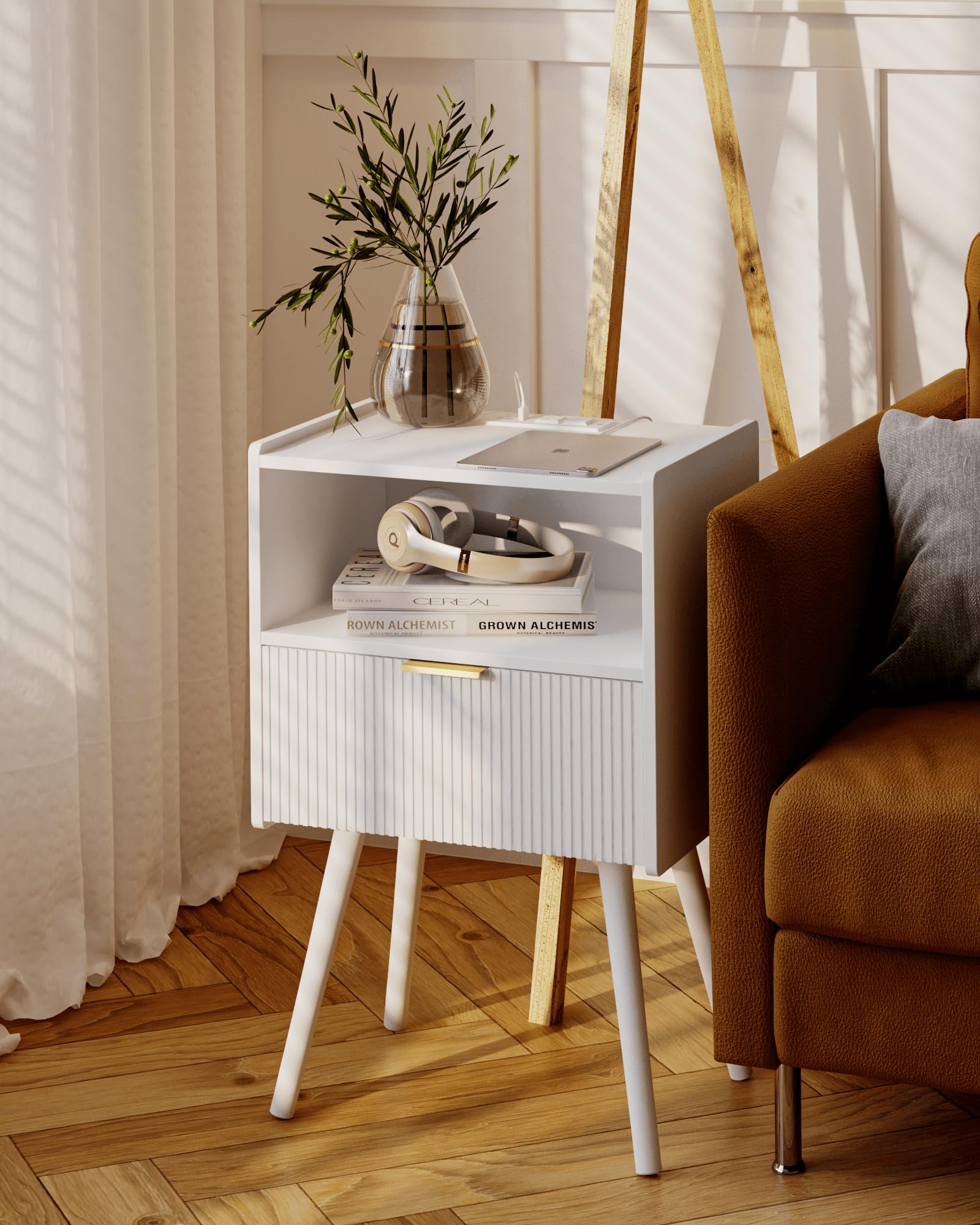JOONEE Nightstand,Modern Bedside Table with Storage Drawer and Open Wood Shelf, for Living Room, Bedroom and Small Spaces, Accent Night Stand with Solid Wood Legs, Easy Assembly,Walnut Brown
