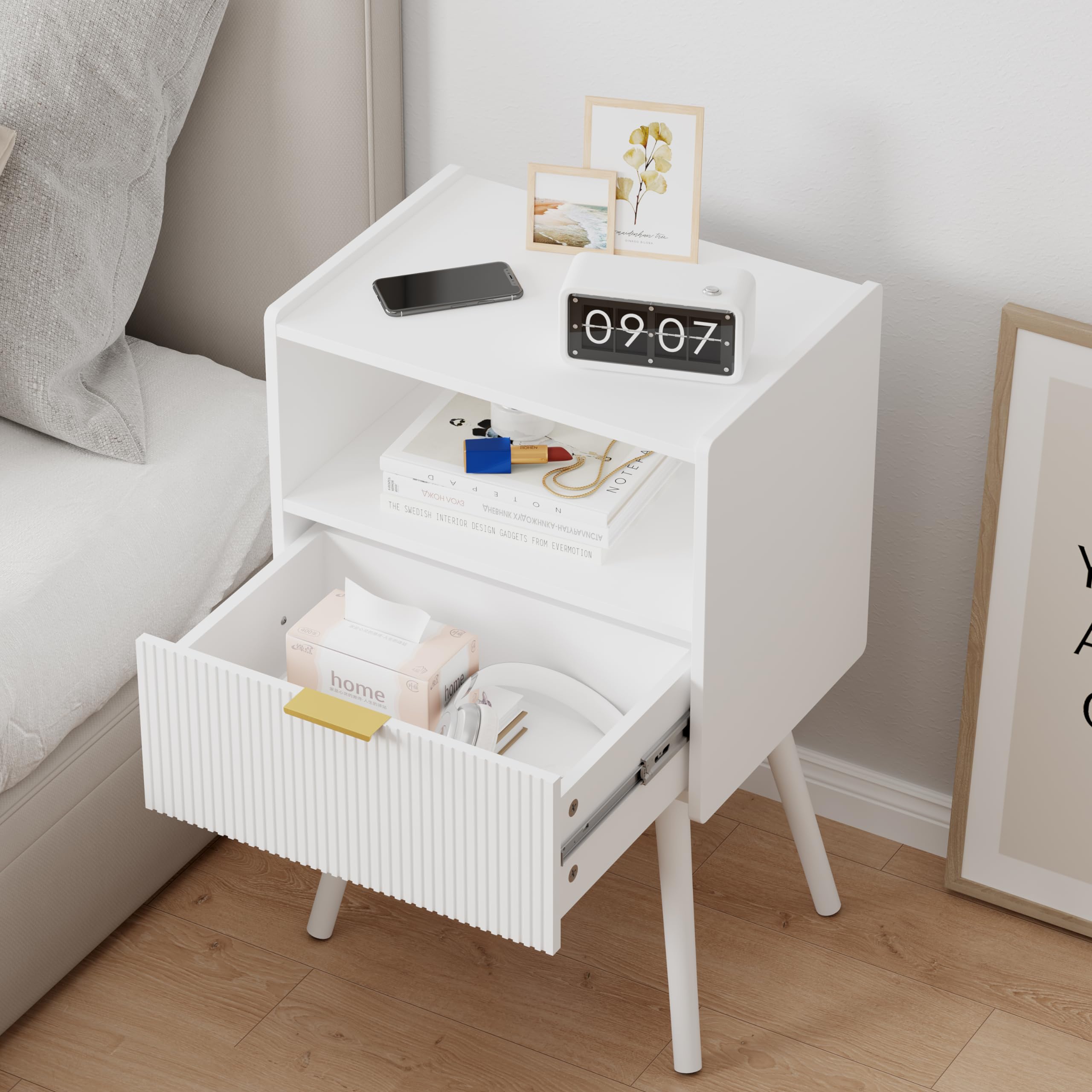 JOONEE Nightstand,Modern Bedside Table with Storage Drawer and Open Wood Shelf, for Living Room, Bedroom and Small Spaces, Accent Night Stand with Solid Wood Legs, Easy Assembly,Walnut Brown