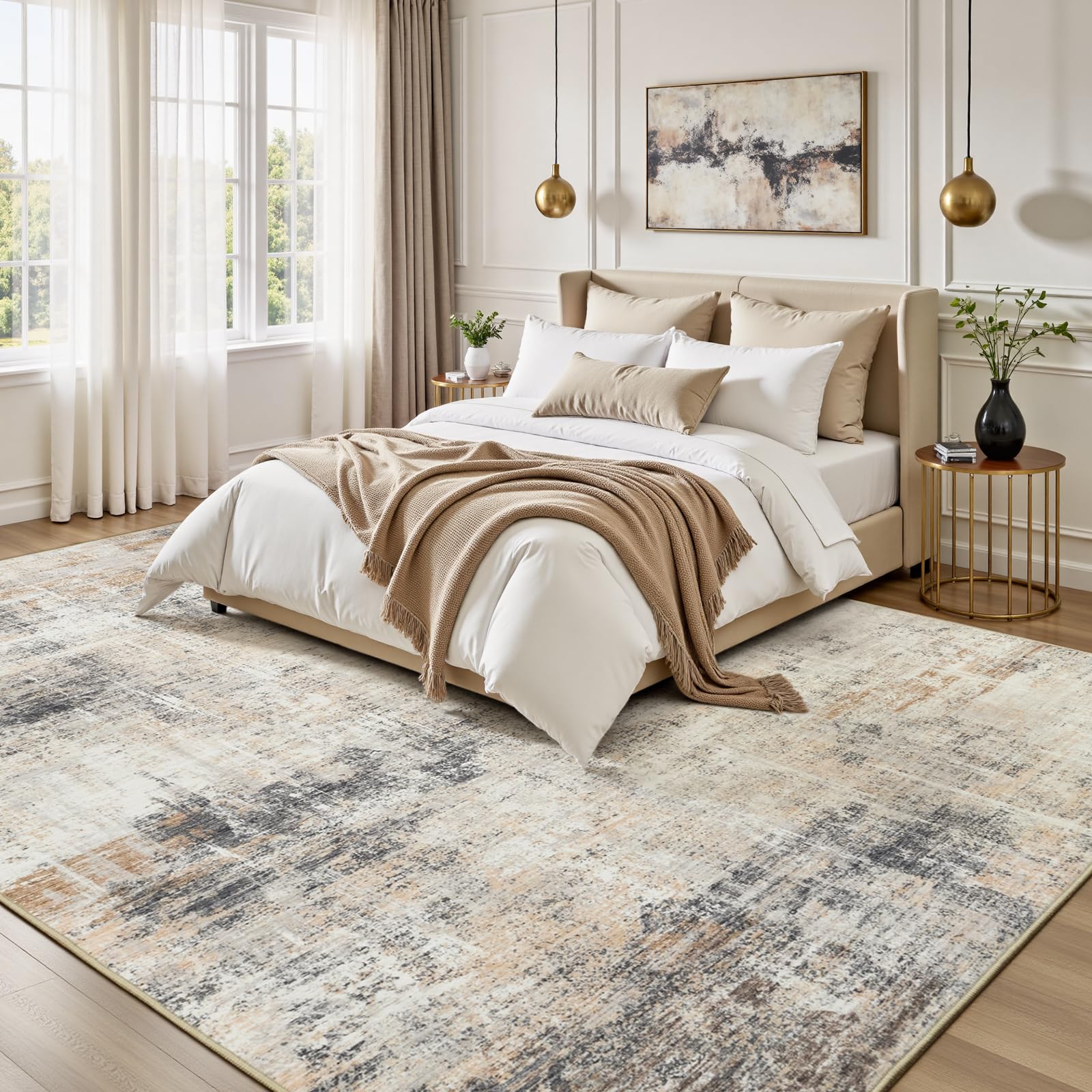Lofus 8x10 Area Rug for Living Room, Gold Abstract Large Rugs with Non-Slip Backing, Neutral Modern Washable Carpet for Bedroom Dining Room Home Office Nursery Indoor