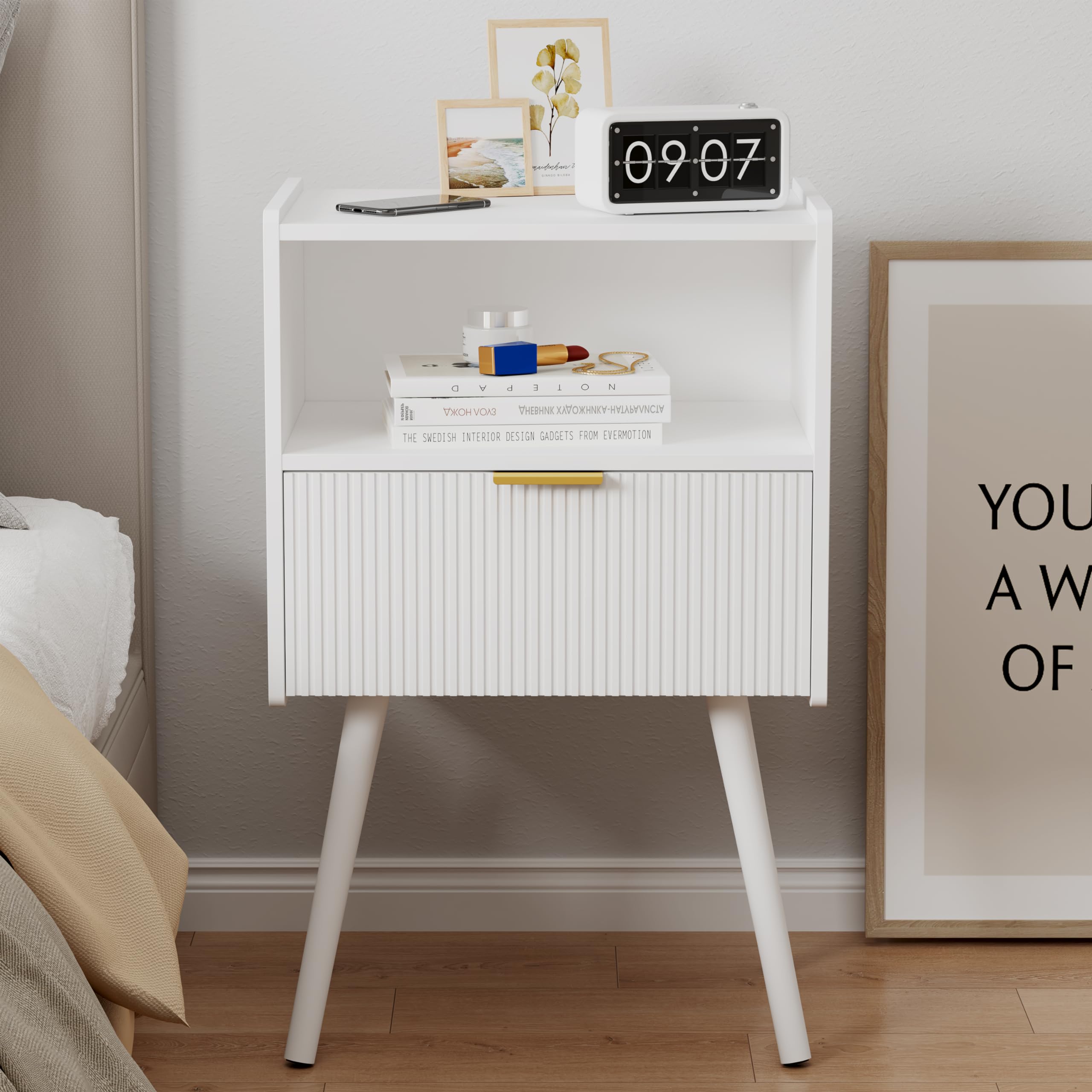 JOONEE Nightstand,Modern Bedside Table with Storage Drawer and Open Wood Shelf, for Living Room, Bedroom and Small Spaces, Accent Night Stand with Solid Wood Legs, Easy Assembly,Walnut Brown