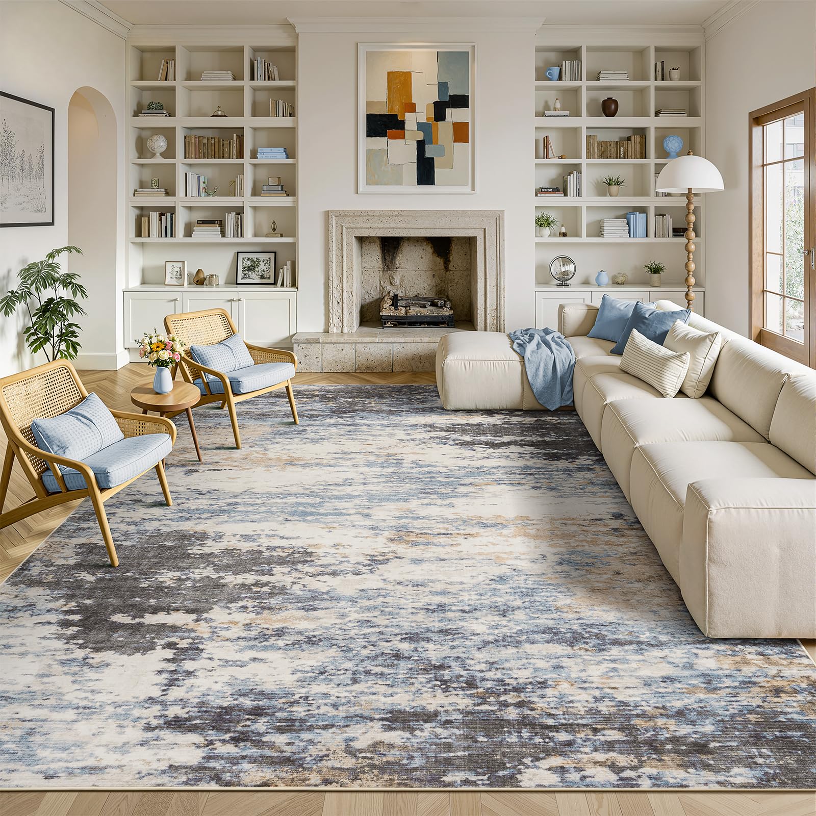 Lofus 8x10 Area Rug for Living Room, Gold Abstract Large Rugs with Non-Slip Backing, Neutral Modern Washable Carpet for Bedroom Dining Room Home Office Nursery Indoor