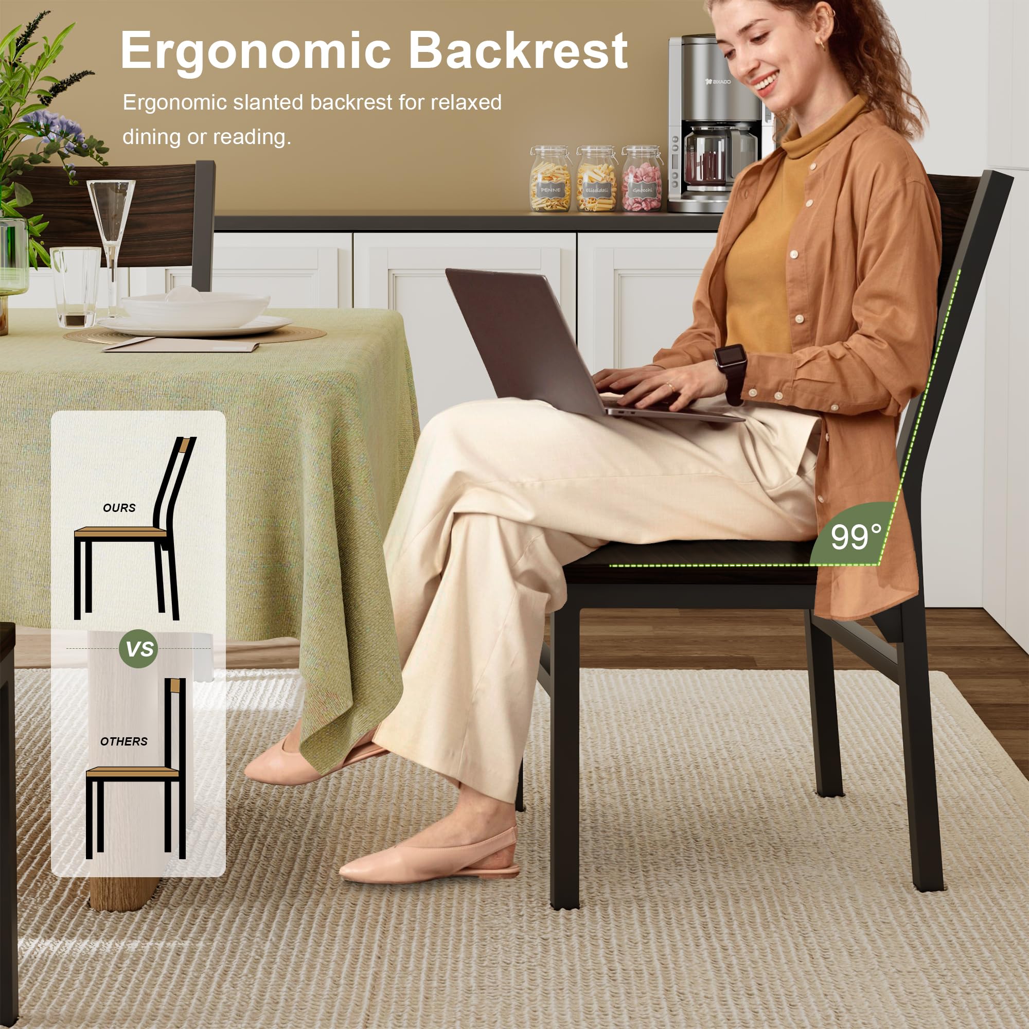 Feonase Dining Chairs Set of 6, Modern Kitchen Chairs with Ergonomic Backrest, MDF Board and Metal Legs, Dinner Chairs for Dining Room, Kitchen and Living Room, Walnut