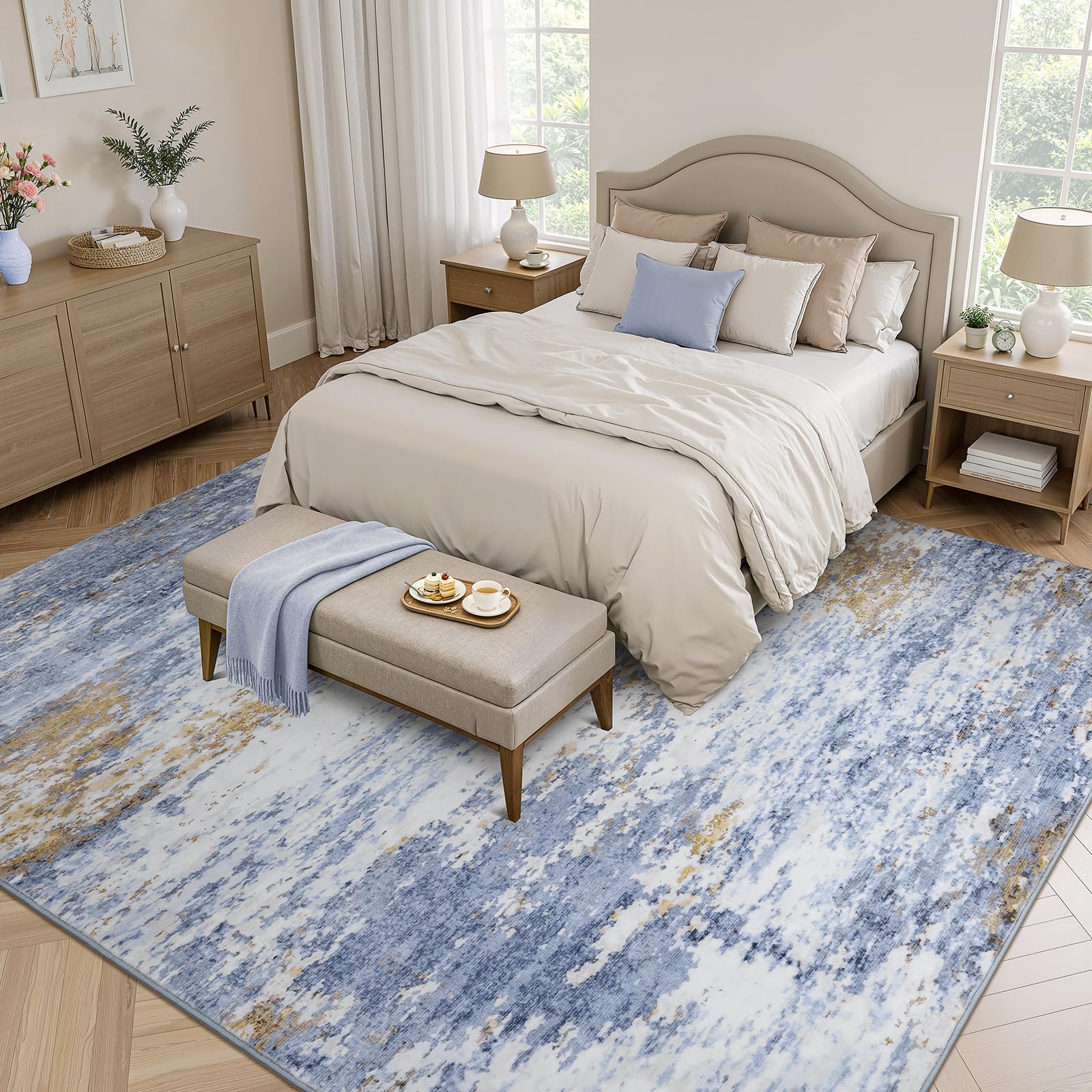Lofus 8x10 Area Rug for Living Room, Gold Abstract Large Rugs with Non-Slip Backing, Neutral Modern Washable Carpet for Bedroom Dining Room Home Office Nursery Indoor