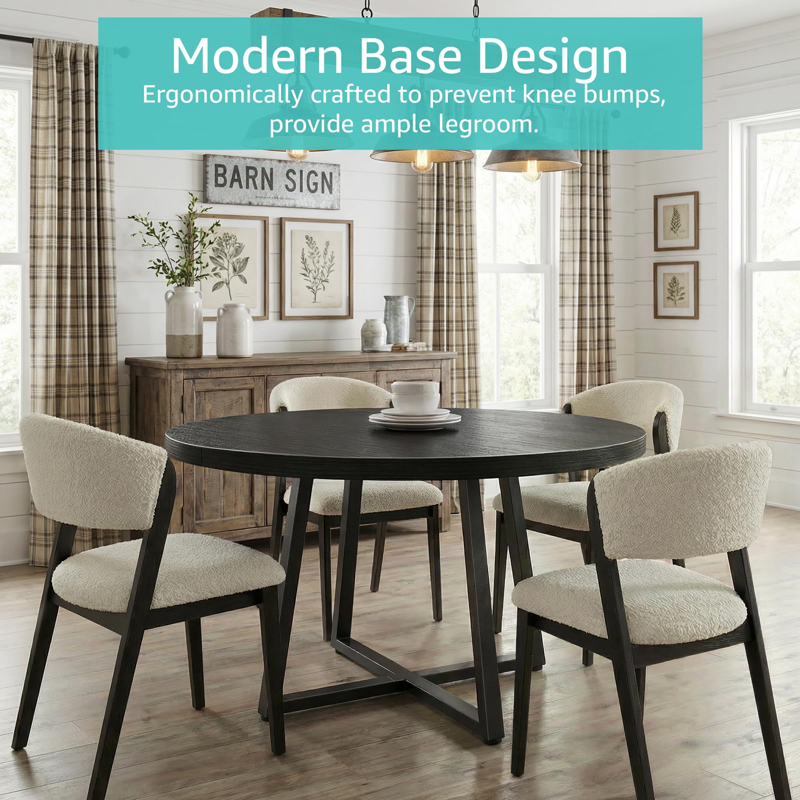 NUTIKAS 42 Inch Round Dining Table for 4, Modern Black Wood Grain Kitchen Table with Cross Metal Legs, Circular Industrial Dinner Table for Small Spaces, Breakfast Nook, Apartment, Office