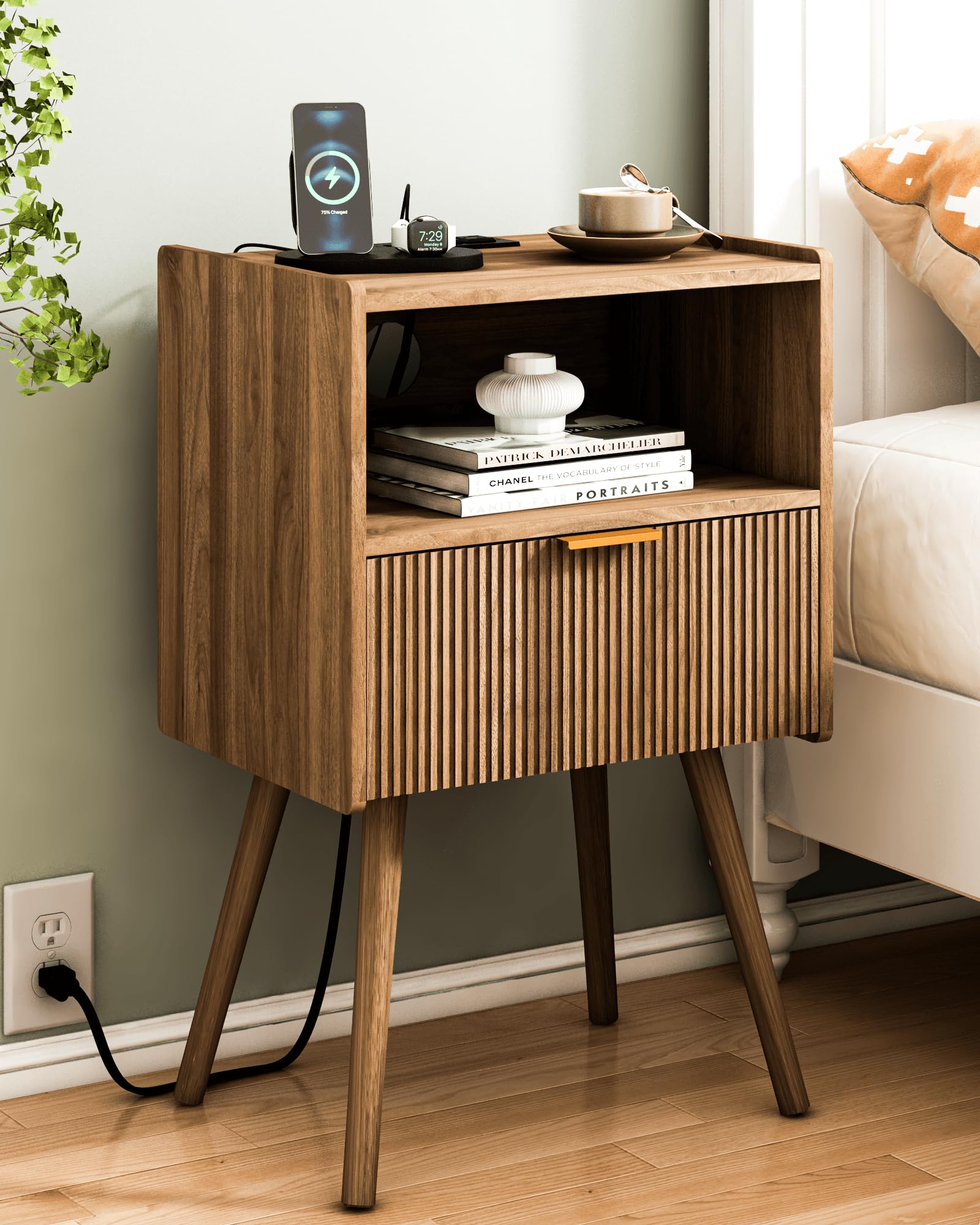 JOONEE Nightstand,Modern Bedside Table with Storage Drawer and Open Wood Shelf, for Living Room, Bedroom and Small Spaces, Accent Night Stand with Solid Wood Legs, Easy Assembly,Walnut Brown