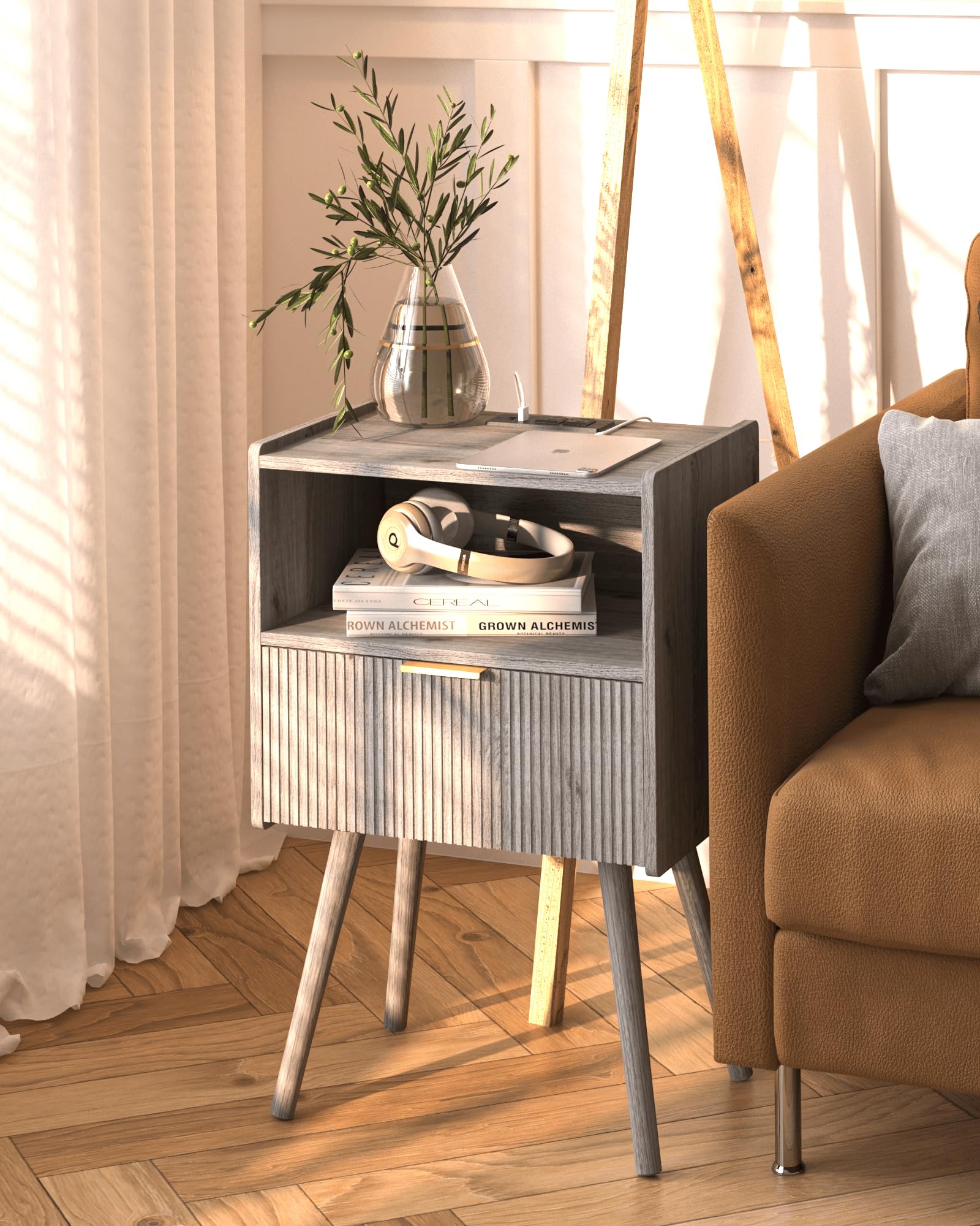 JOONEE Nightstand,Modern Bedside Table with Storage Drawer and Open Wood Shelf, for Living Room, Bedroom and Small Spaces, Accent Night Stand with Solid Wood Legs, Easy Assembly,Walnut Brown