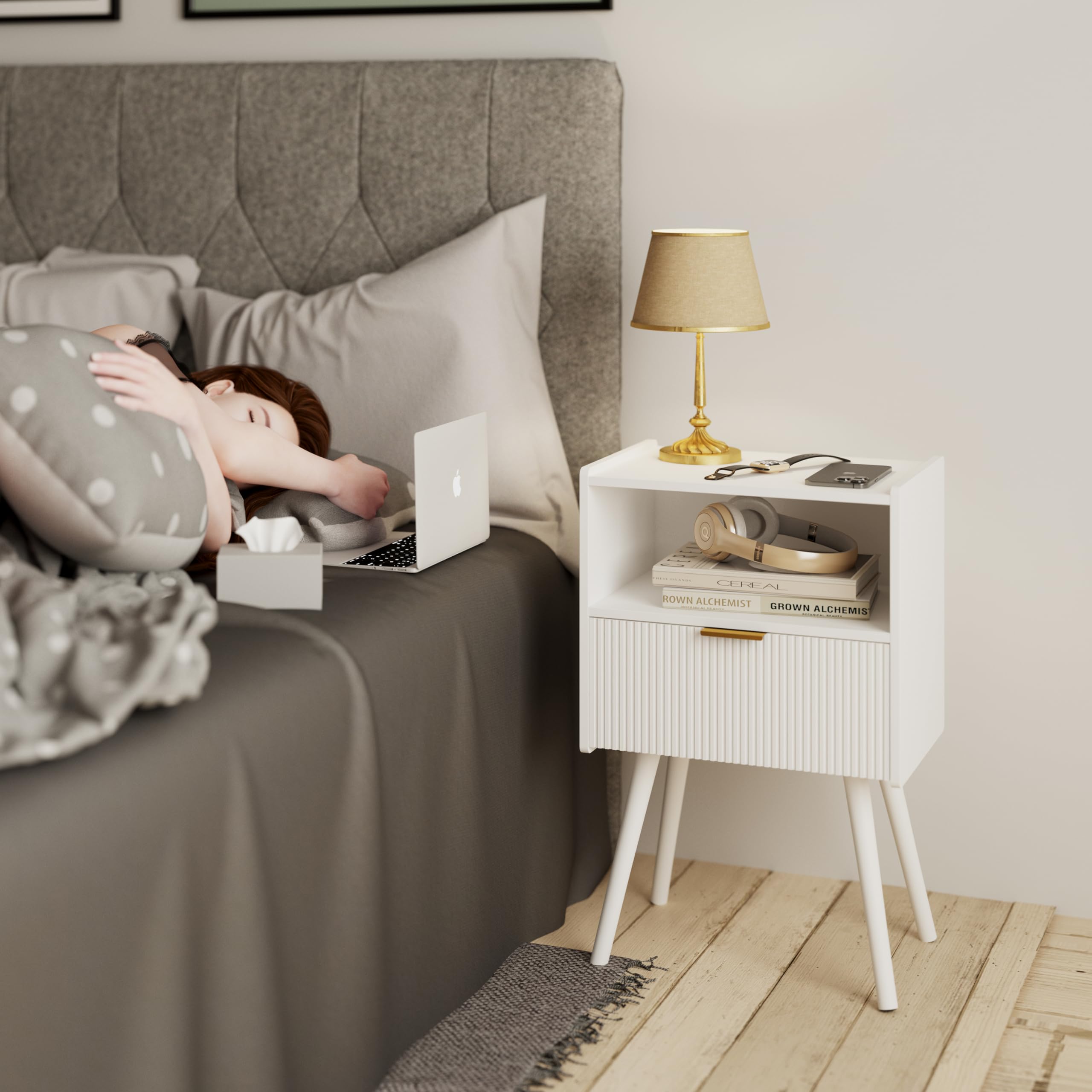 JOONEE Nightstand,Modern Bedside Table with Storage Drawer and Open Wood Shelf, for Living Room, Bedroom and Small Spaces, Accent Night Stand with Solid Wood Legs, Easy Assembly,Walnut Brown