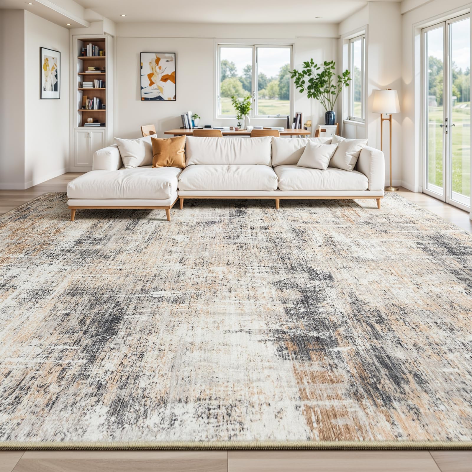 Lofus 8x10 Area Rug for Living Room, Gold Abstract Large Rugs with Non-Slip Backing, Neutral Modern Washable Carpet for Bedroom Dining Room Home Office Nursery Indoor