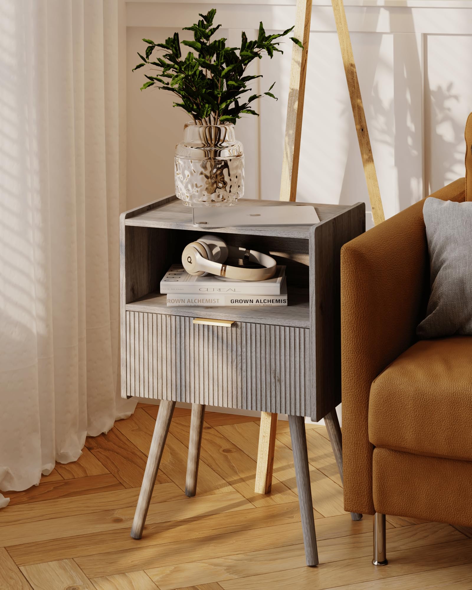 JOONEE Nightstand,Modern Bedside Table with Storage Drawer and Open Wood Shelf, for Living Room, Bedroom and Small Spaces, Accent Night Stand with Solid Wood Legs, Easy Assembly,Walnut Brown