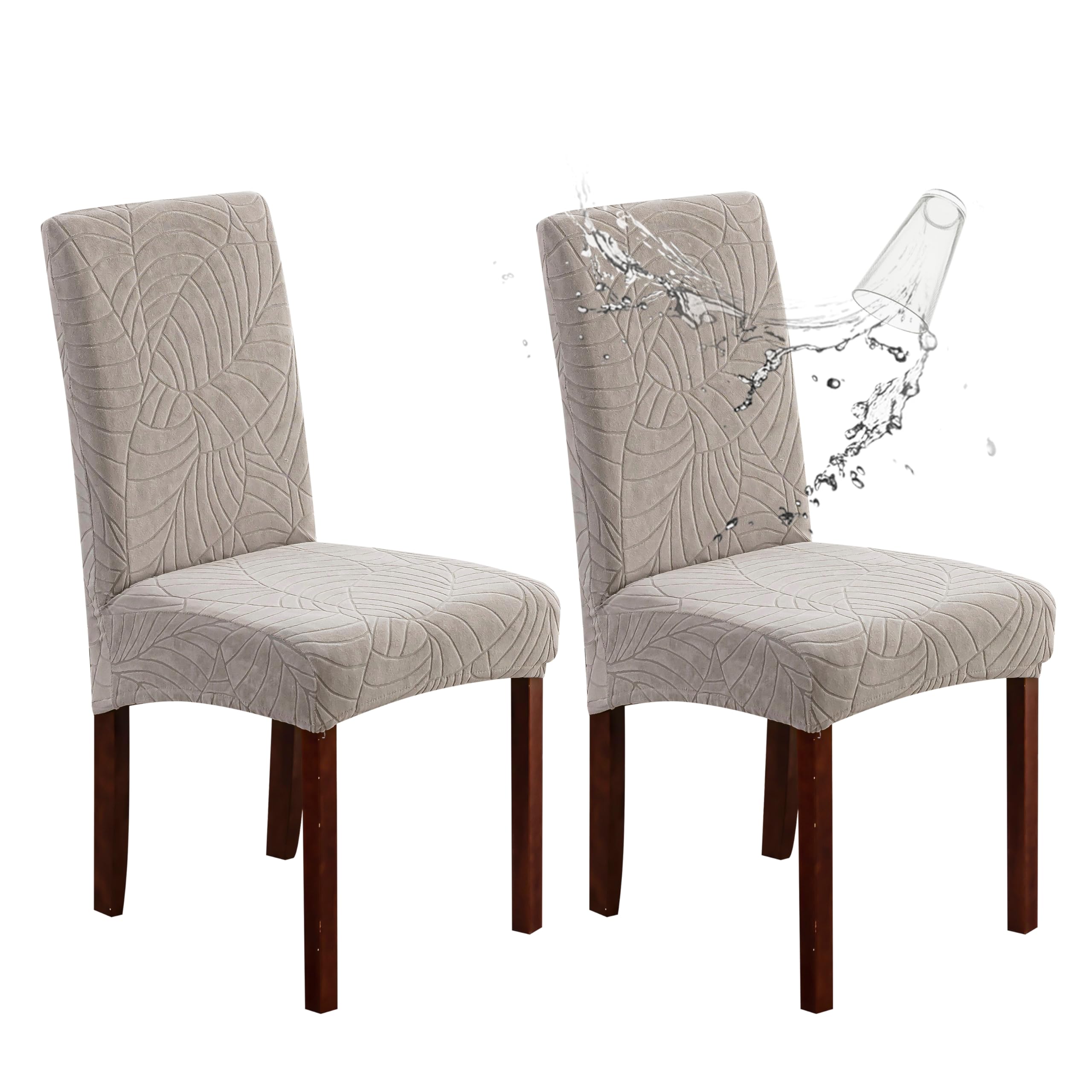 Genina 100% Waterproof Chair Covers for Dining Room Set of 4, Stretch Parson Chair Slipcovers for Kitchen Chairs, Washable Chair Protectors, Leaves-Warm Gray
