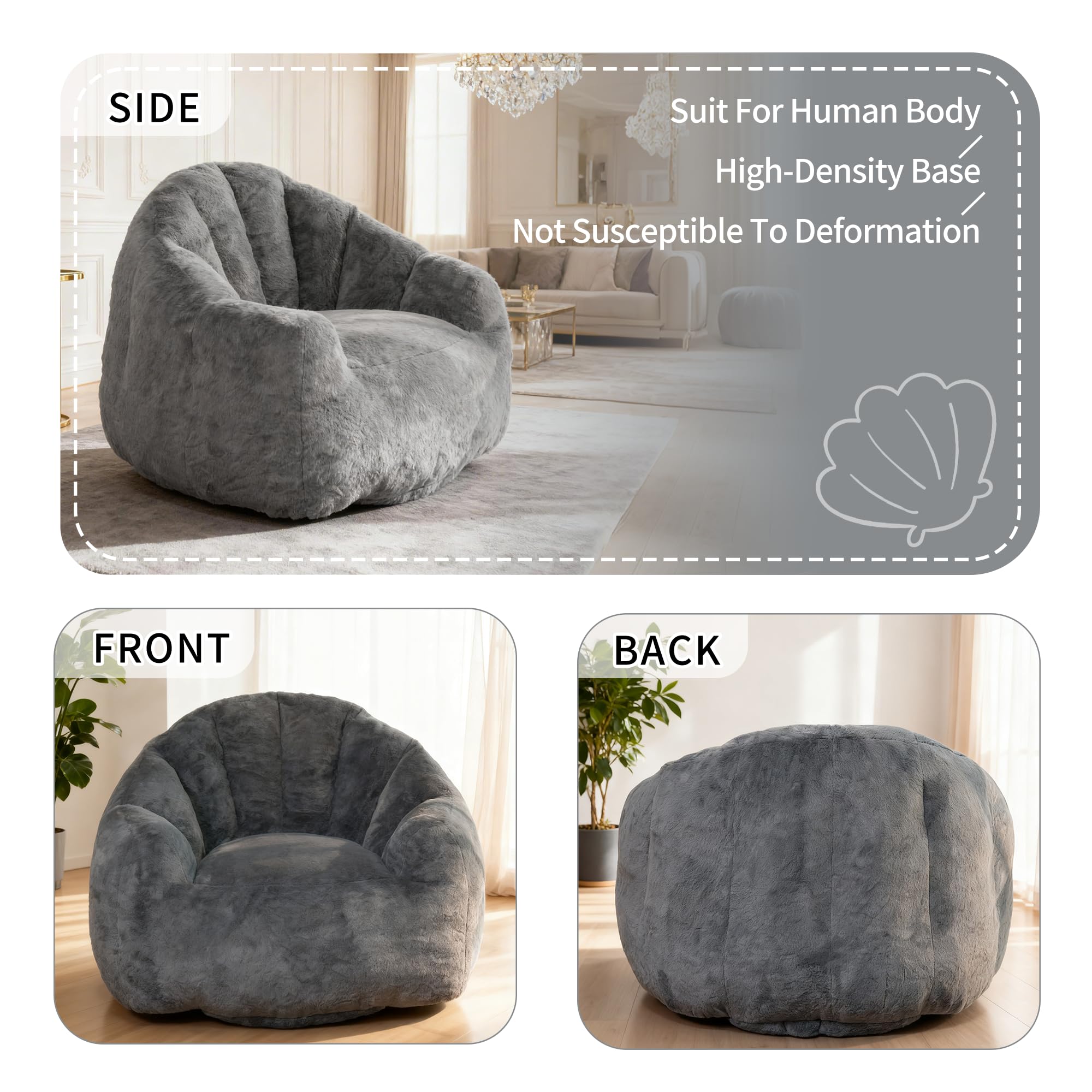 Bean Bag Chair, Giant Beanbag Chiars for Adults, Faux Fur Shell-Shaped Floor Sofa with Filler, Comfy Chair for Reading, Gaming and Relax (Grey)