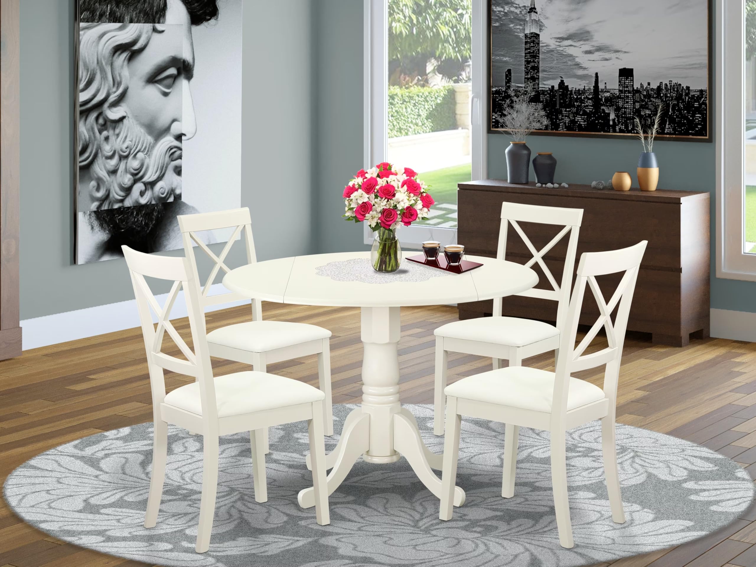 East West Furniture DLBO5-WHI-W 5 Piece Kitchen Table Set for 4 Includes a Round Dining Room Table with Dropleaf and 4 Solid Wood Seat Chairs, 42x42 Inch, Linen White