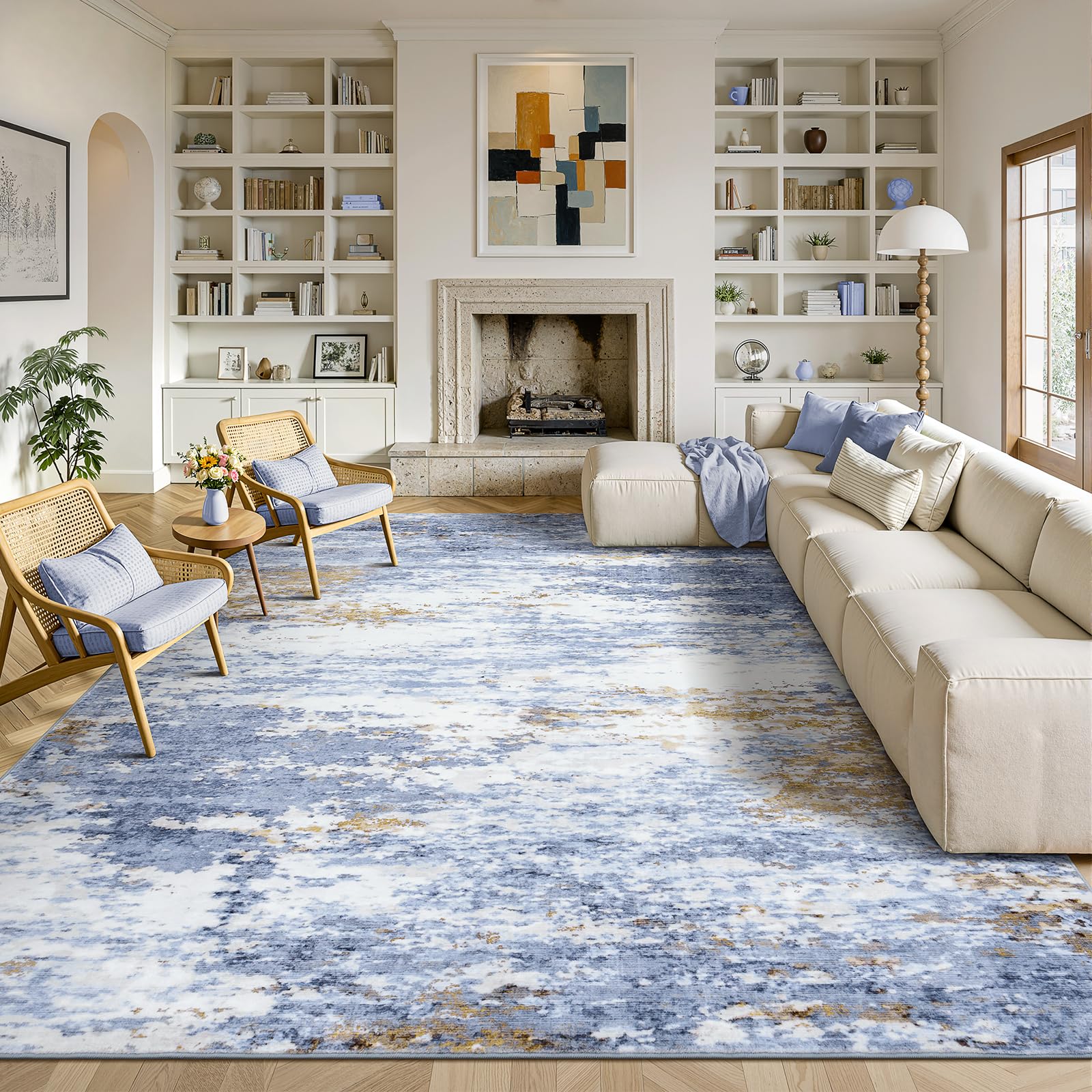 Lofus 8x10 Area Rug for Living Room, Gold Abstract Large Rugs with Non-Slip Backing, Neutral Modern Washable Carpet for Bedroom Dining Room Home Office Nursery Indoor