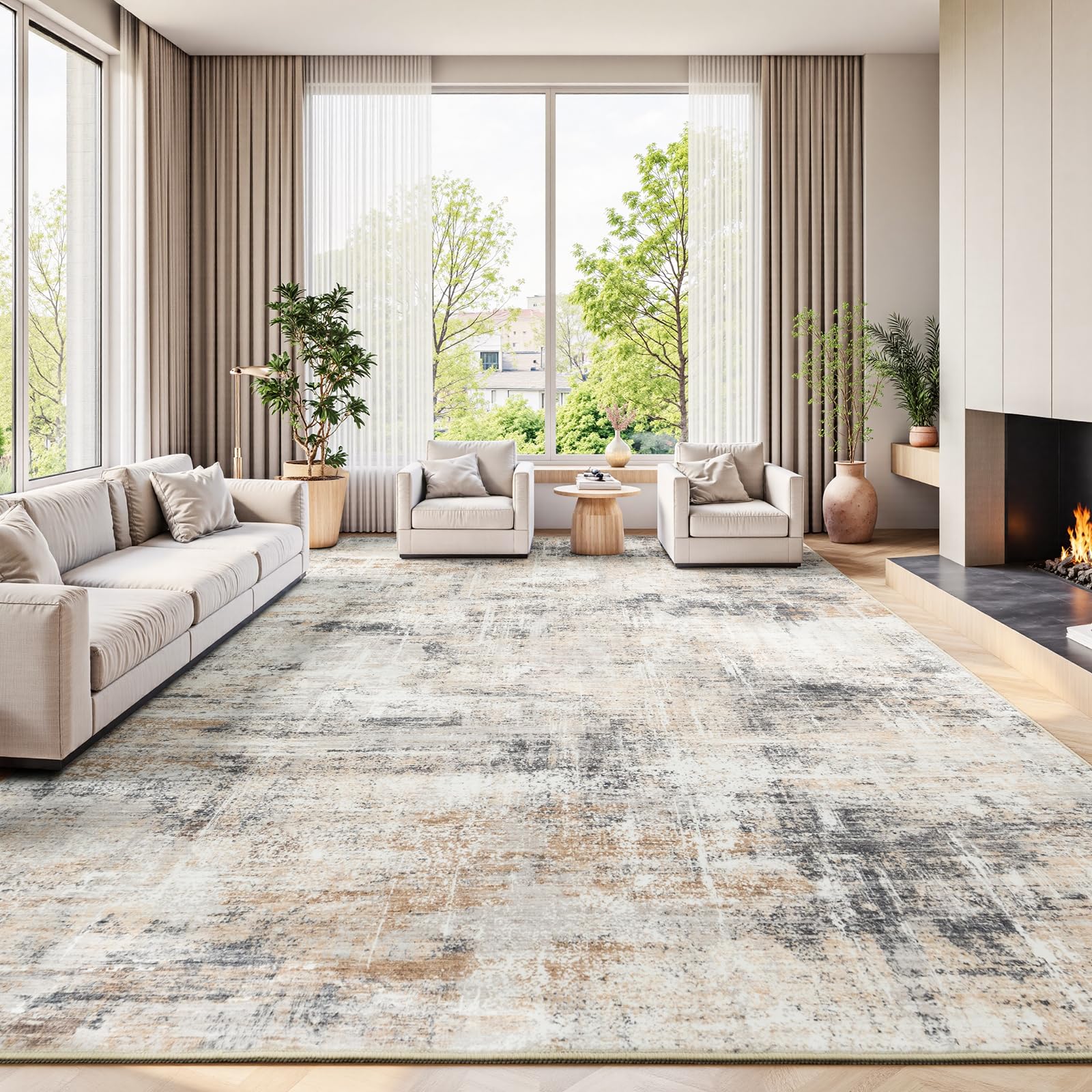 Lofus 8x10 Area Rug for Living Room, Gold Abstract Large Rugs with Non-Slip Backing, Neutral Modern Washable Carpet for Bedroom Dining Room Home Office Nursery Indoor