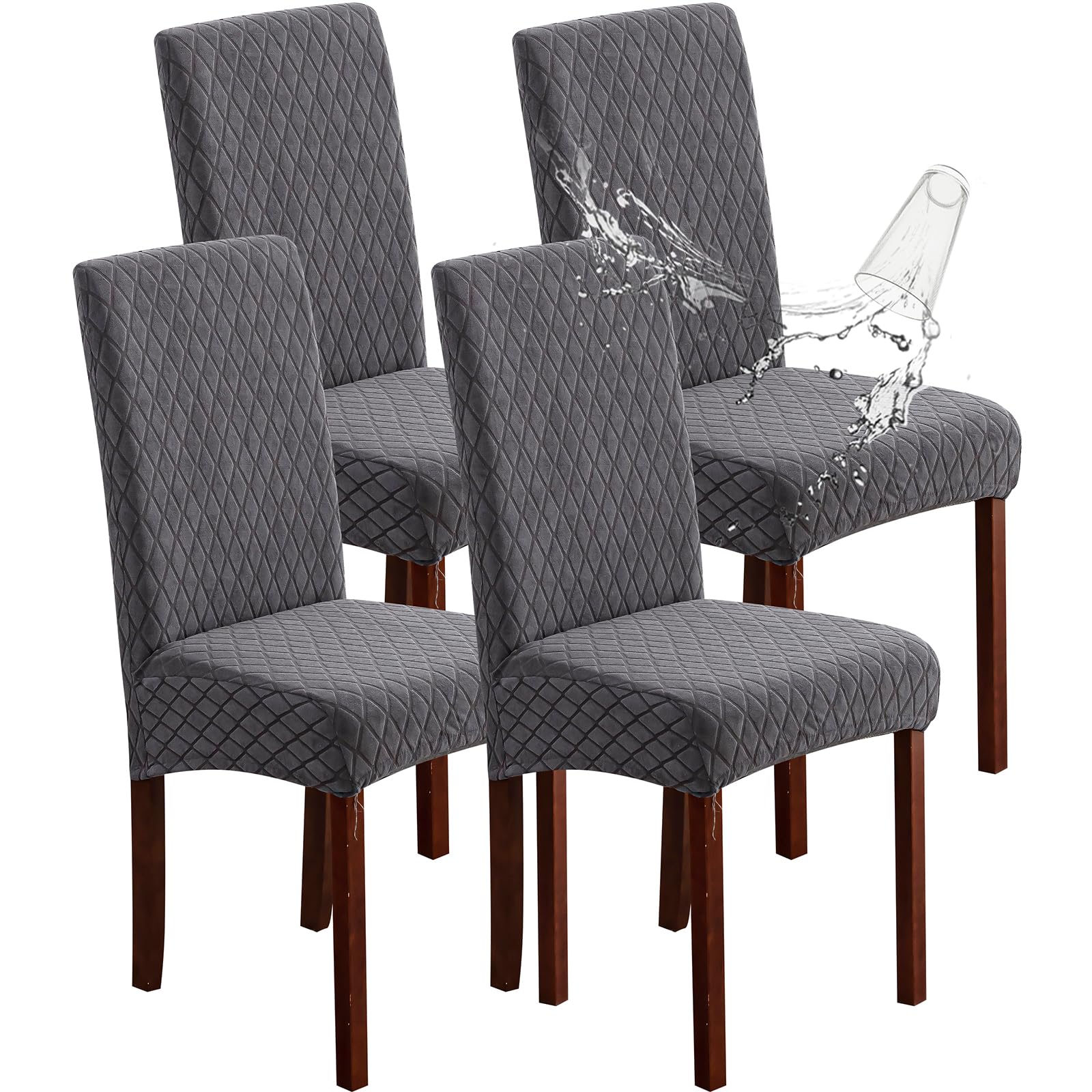 Genina 100% Waterproof Chair Covers for Dining Room Set of 4, Stretch Parson Chair Slipcovers for Kitchen Chairs, Washable Chair Protectors, Leaves-Warm Gray