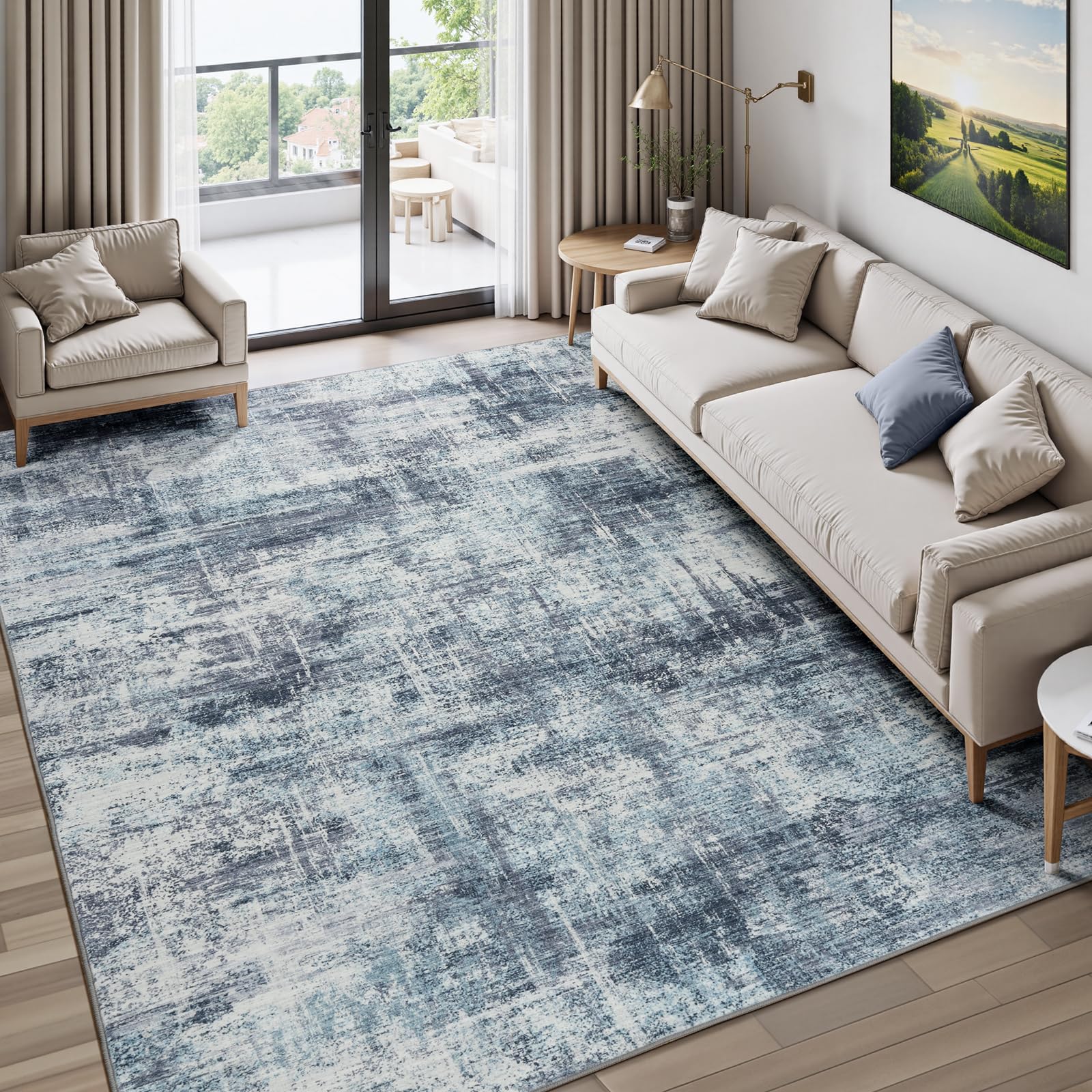 Lofus 8x10 Area Rug for Living Room, Gold Abstract Large Rugs with Non-Slip Backing, Neutral Modern Washable Carpet for Bedroom Dining Room Home Office Nursery Indoor