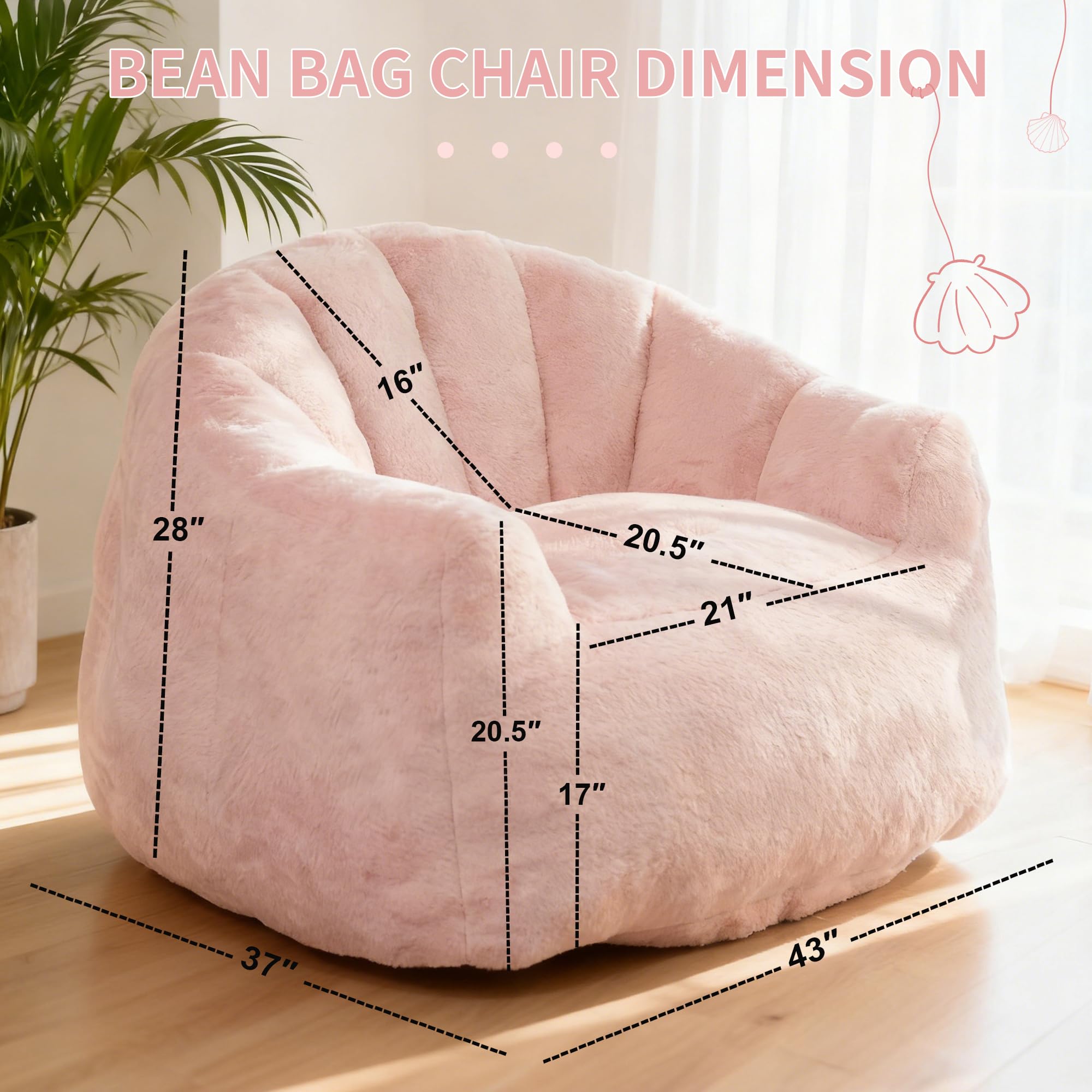 Bean Bag Chair, Giant Beanbag Chiars for Adults, Faux Fur Shell-Shaped Floor Sofa with Filler, Comfy Chair for Reading, Gaming and Relax (Grey)