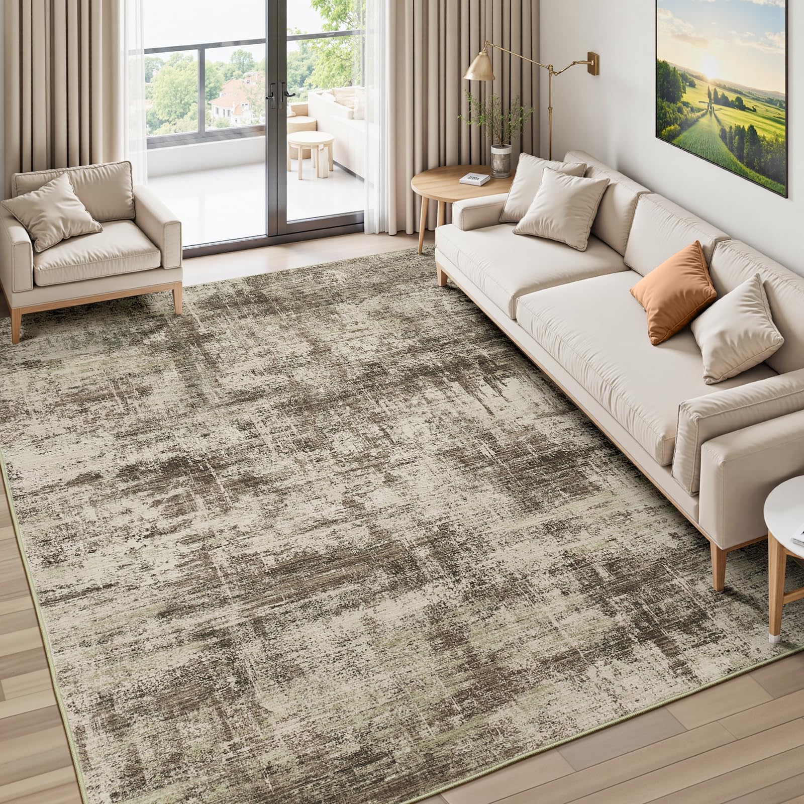 Lofus 8x10 Area Rug for Living Room, Gold Abstract Large Rugs with Non-Slip Backing, Neutral Modern Washable Carpet for Bedroom Dining Room Home Office Nursery Indoor