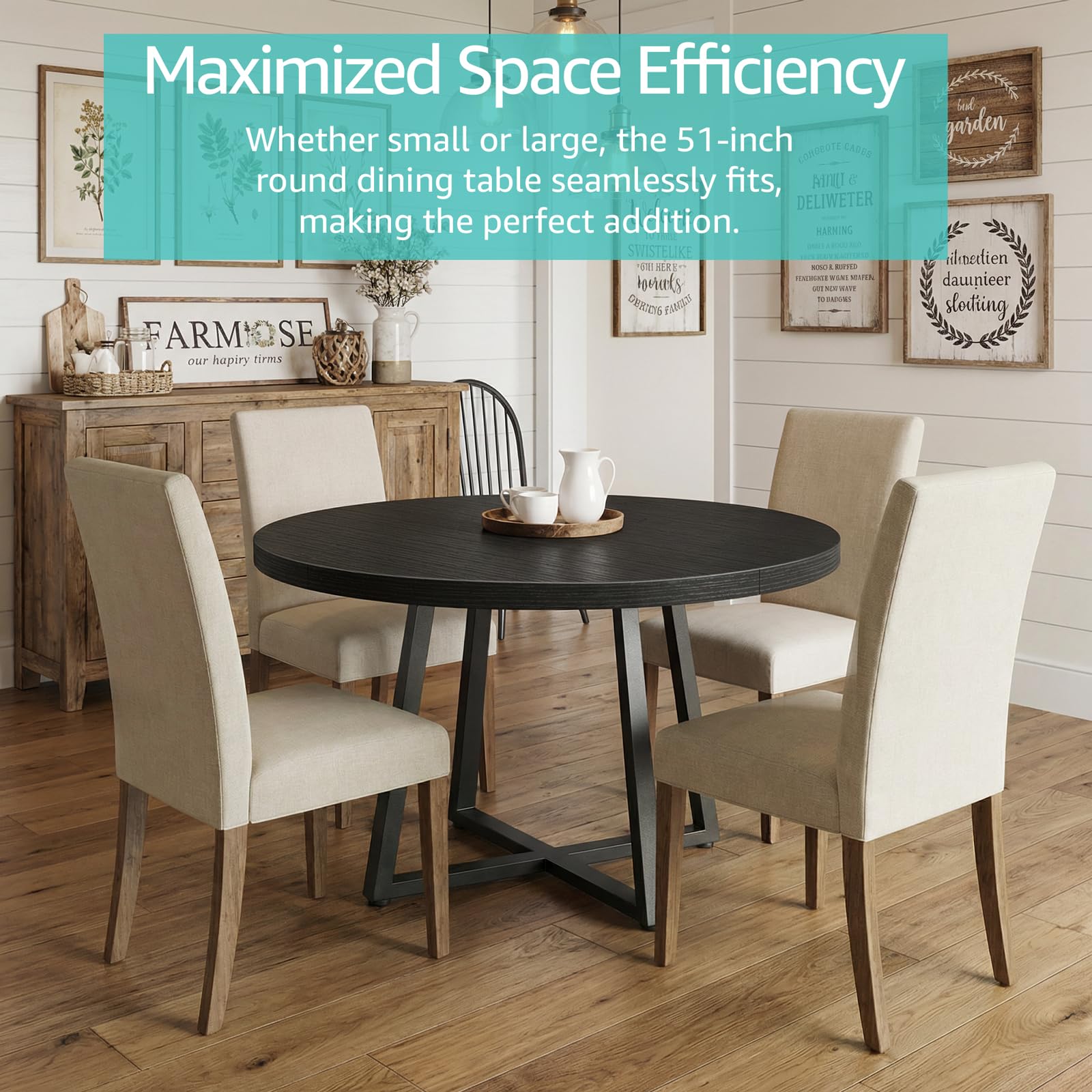 NUTIKAS 42 Inch Round Dining Table for 4, Modern Black Wood Grain Kitchen Table with Cross Metal Legs, Circular Industrial Dinner Table for Small Spaces, Breakfast Nook, Apartment, Office