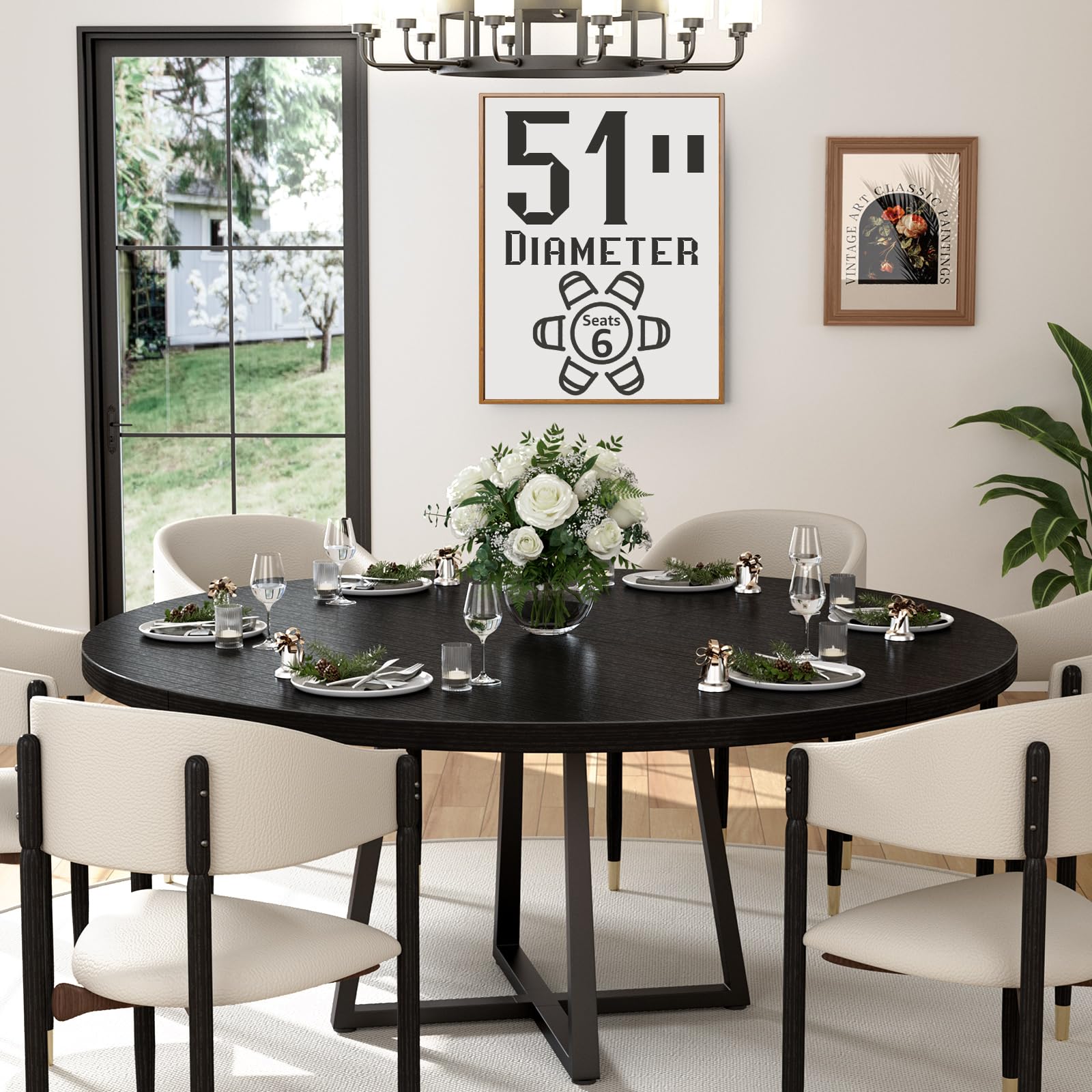 NUTIKAS 42 Inch Round Dining Table for 4, Modern Black Wood Grain Kitchen Table with Cross Metal Legs, Circular Industrial Dinner Table for Small Spaces, Breakfast Nook, Apartment, Office