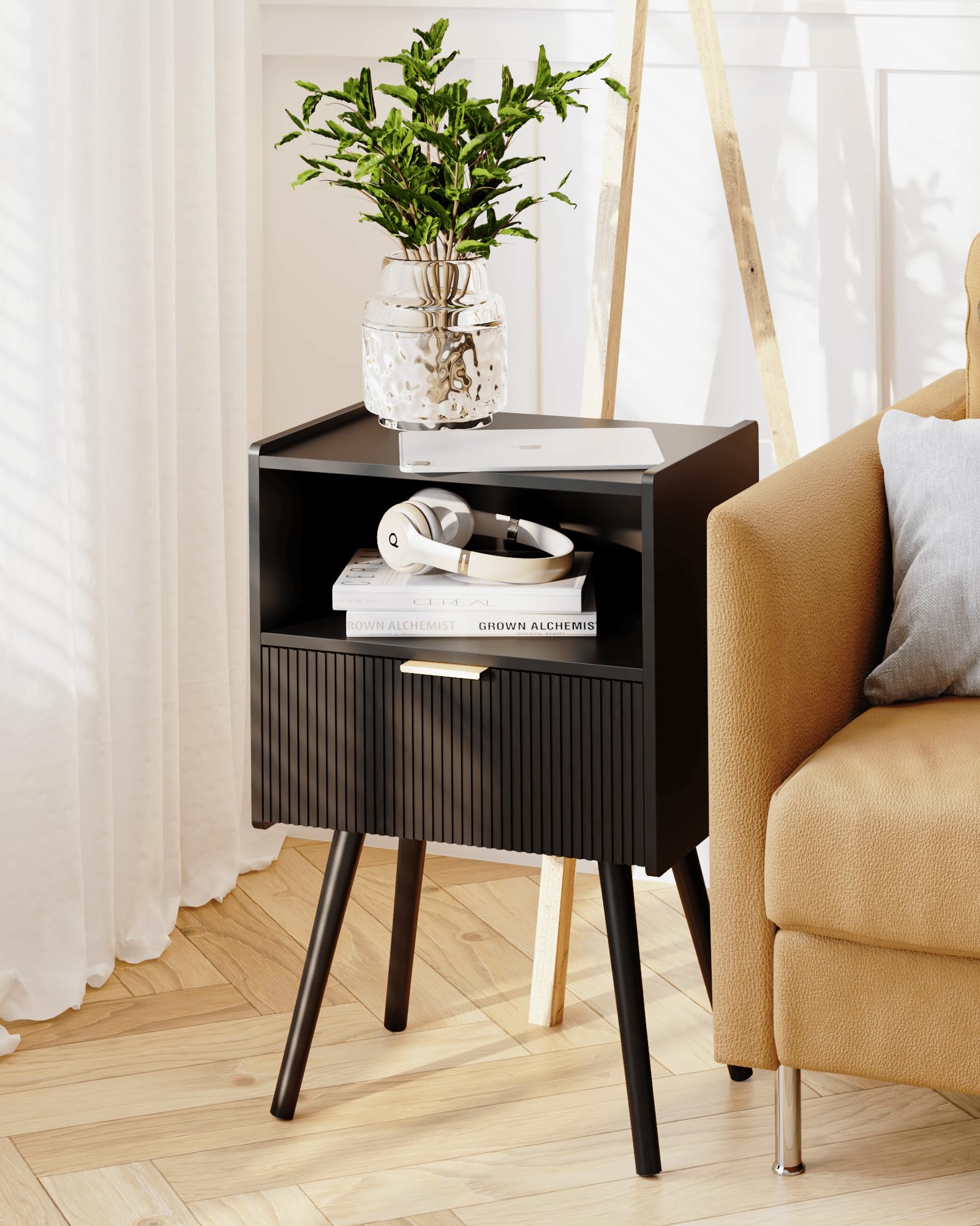 JOONEE Nightstand,Modern Bedside Table with Storage Drawer and Open Wood Shelf, for Living Room, Bedroom and Small Spaces, Accent Night Stand with Solid Wood Legs, Easy Assembly,Walnut Brown