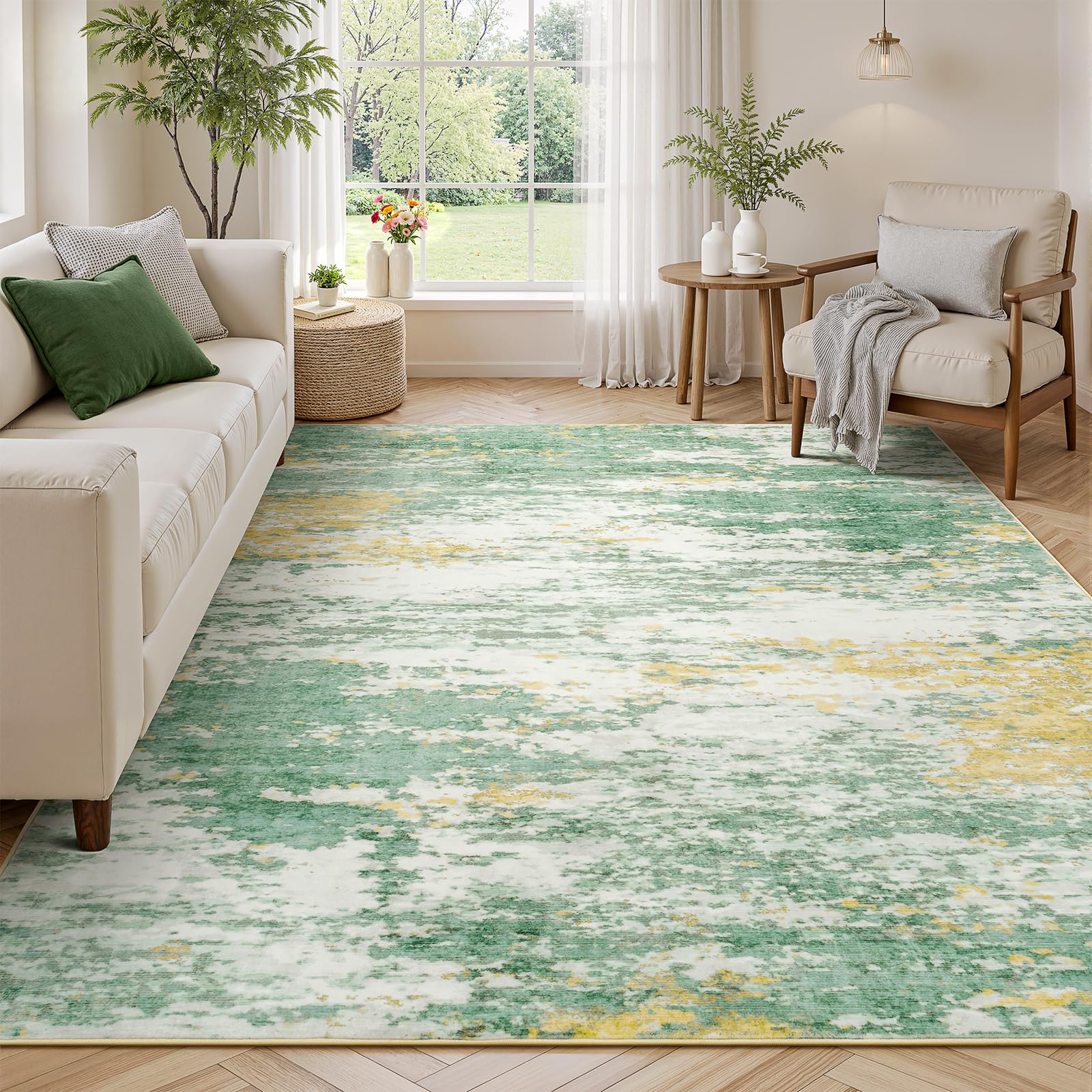 Lofus 8x10 Area Rug for Living Room, Gold Abstract Large Rugs with Non-Slip Backing, Neutral Modern Washable Carpet for Bedroom Dining Room Home Office Nursery Indoor