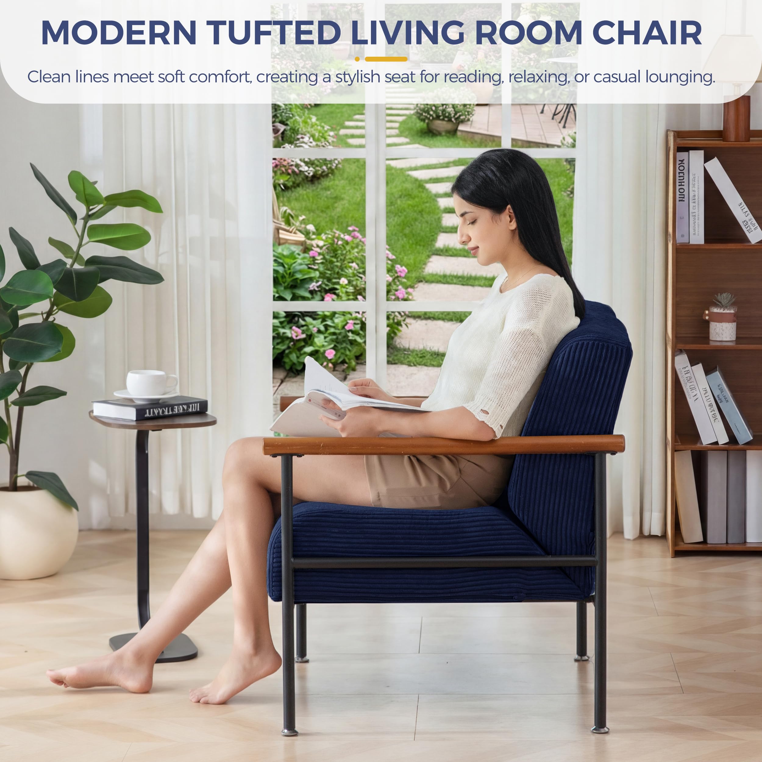 MAXYOYO Living Room Accent Chair, Modern Chair with Sturdy Metal Frame & Wood Armrests, Upholstered Reading Chair with Upholstered Cushion for Bedroom Balcony Porch, Beige