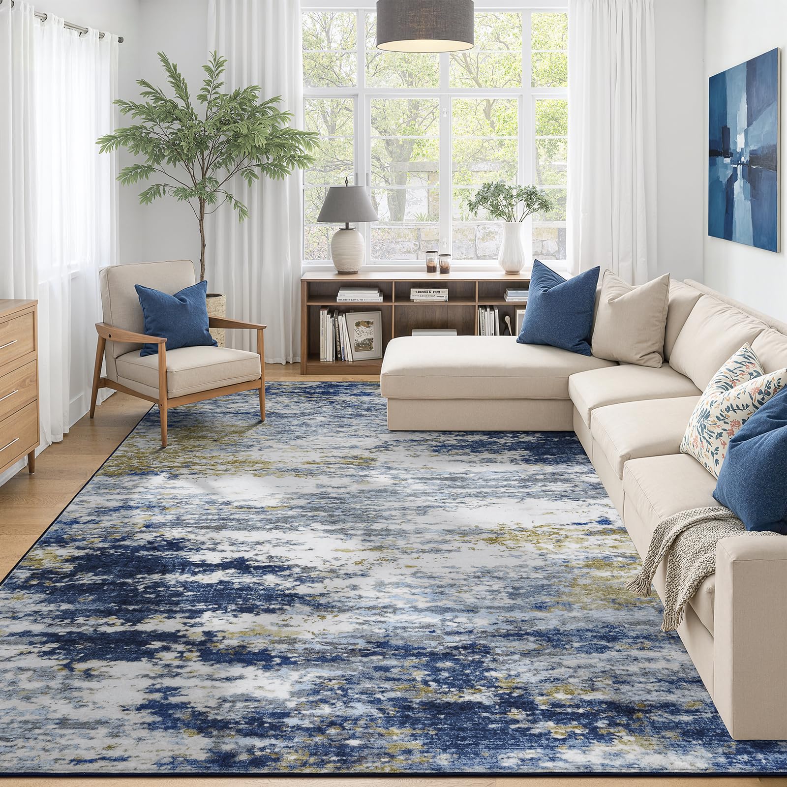 Lofus 8x10 Area Rug for Living Room, Gold Abstract Large Rugs with Non-Slip Backing, Neutral Modern Washable Carpet for Bedroom Dining Room Home Office Nursery Indoor