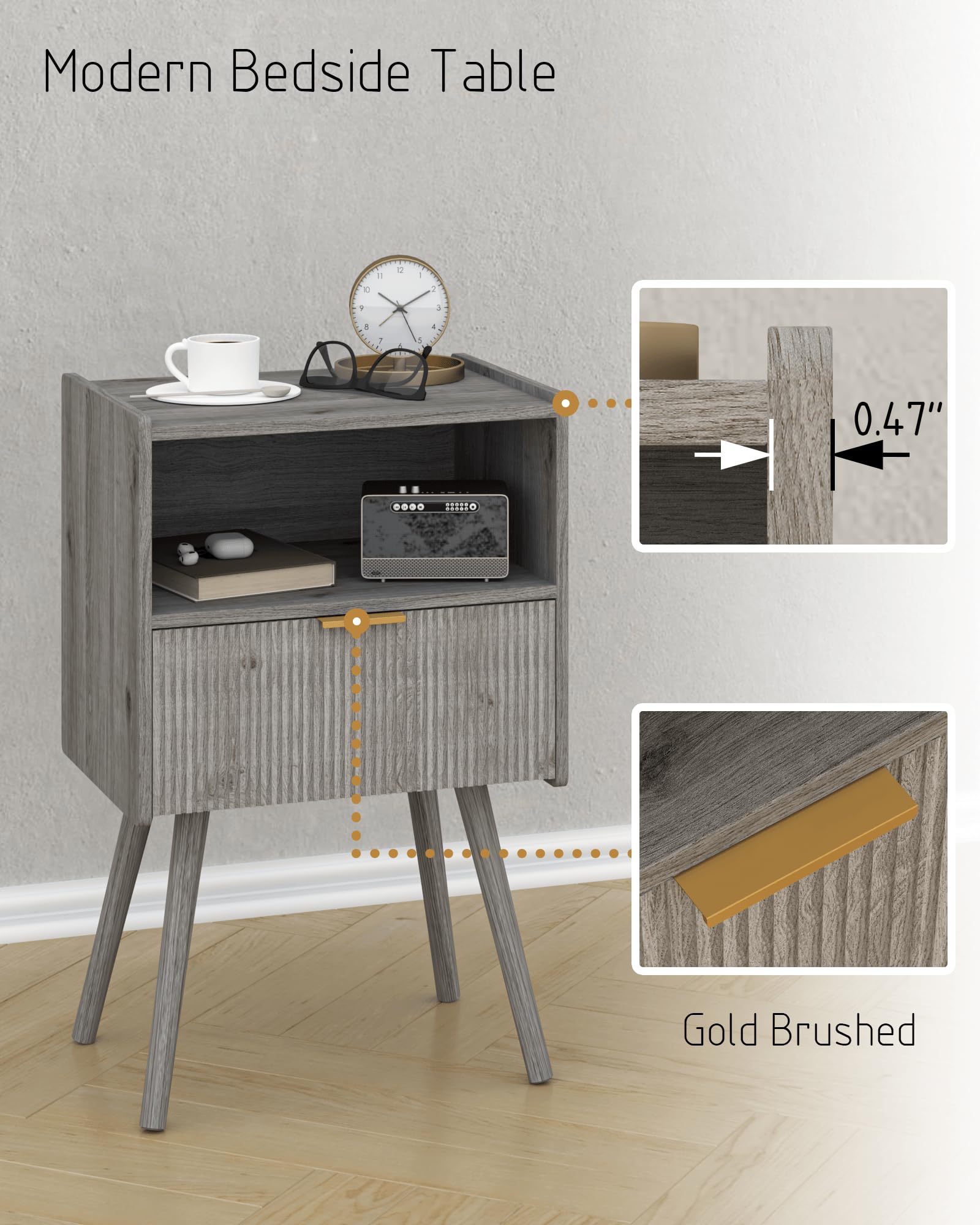 JOONEE Nightstand,Modern Bedside Table with Storage Drawer and Open Wood Shelf, for Living Room, Bedroom and Small Spaces, Accent Night Stand with Solid Wood Legs, Easy Assembly,Walnut Brown