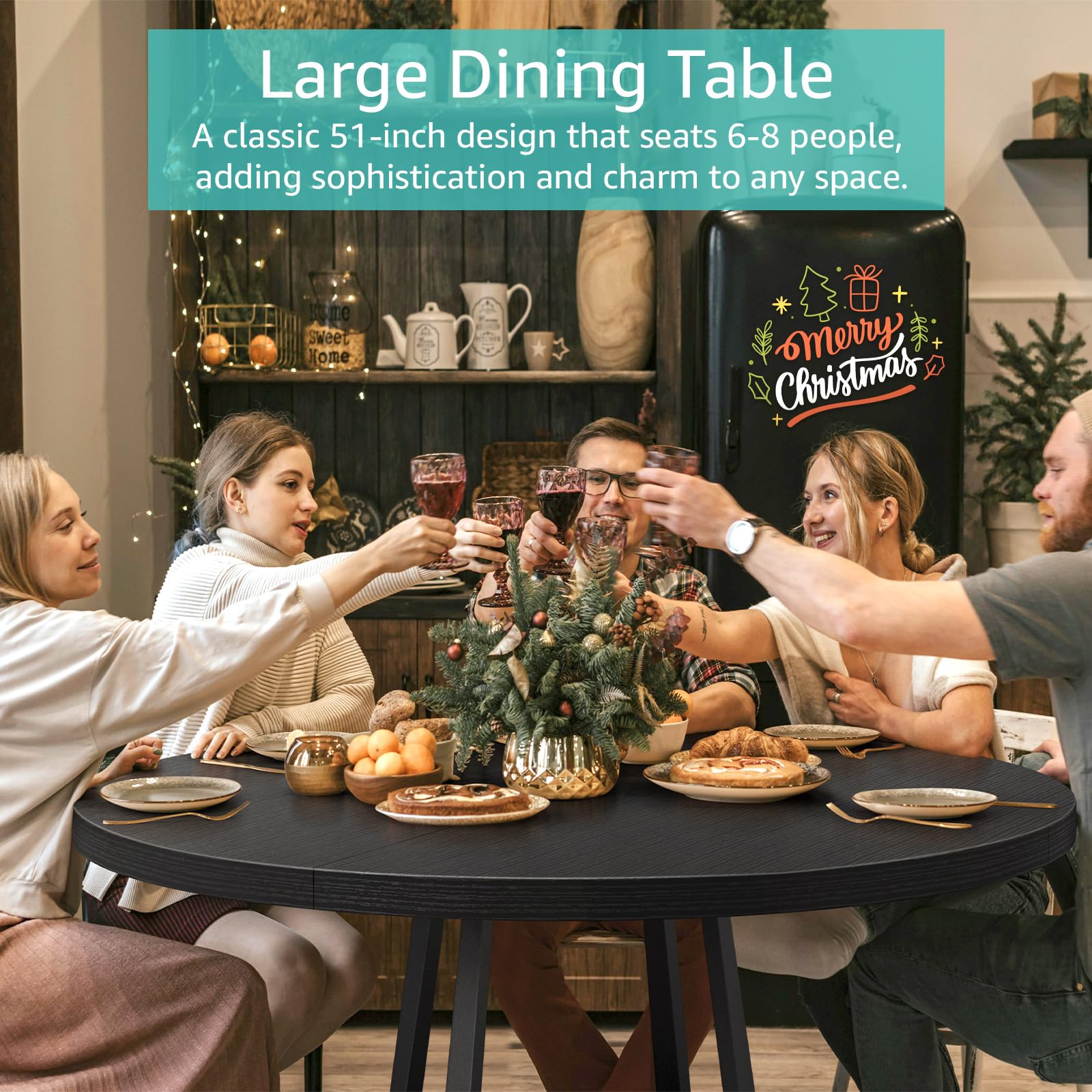 NUTIKAS 42 Inch Round Dining Table for 4, Modern Black Wood Grain Kitchen Table with Cross Metal Legs, Circular Industrial Dinner Table for Small Spaces, Breakfast Nook, Apartment, Office
