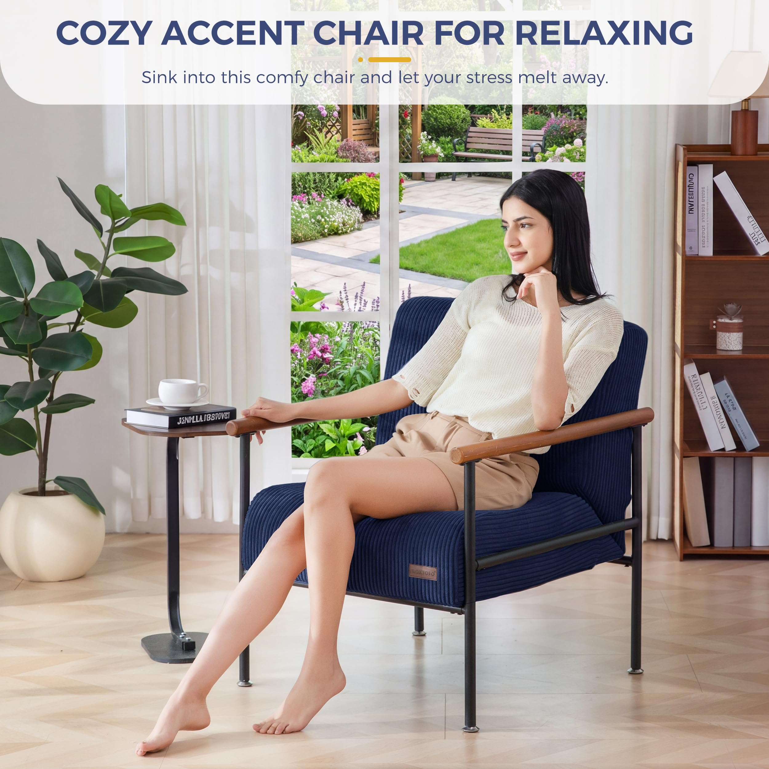 MAXYOYO Living Room Accent Chair, Modern Chair with Sturdy Metal Frame & Wood Armrests, Upholstered Reading Chair with Upholstered Cushion for Bedroom Balcony Porch, Beige