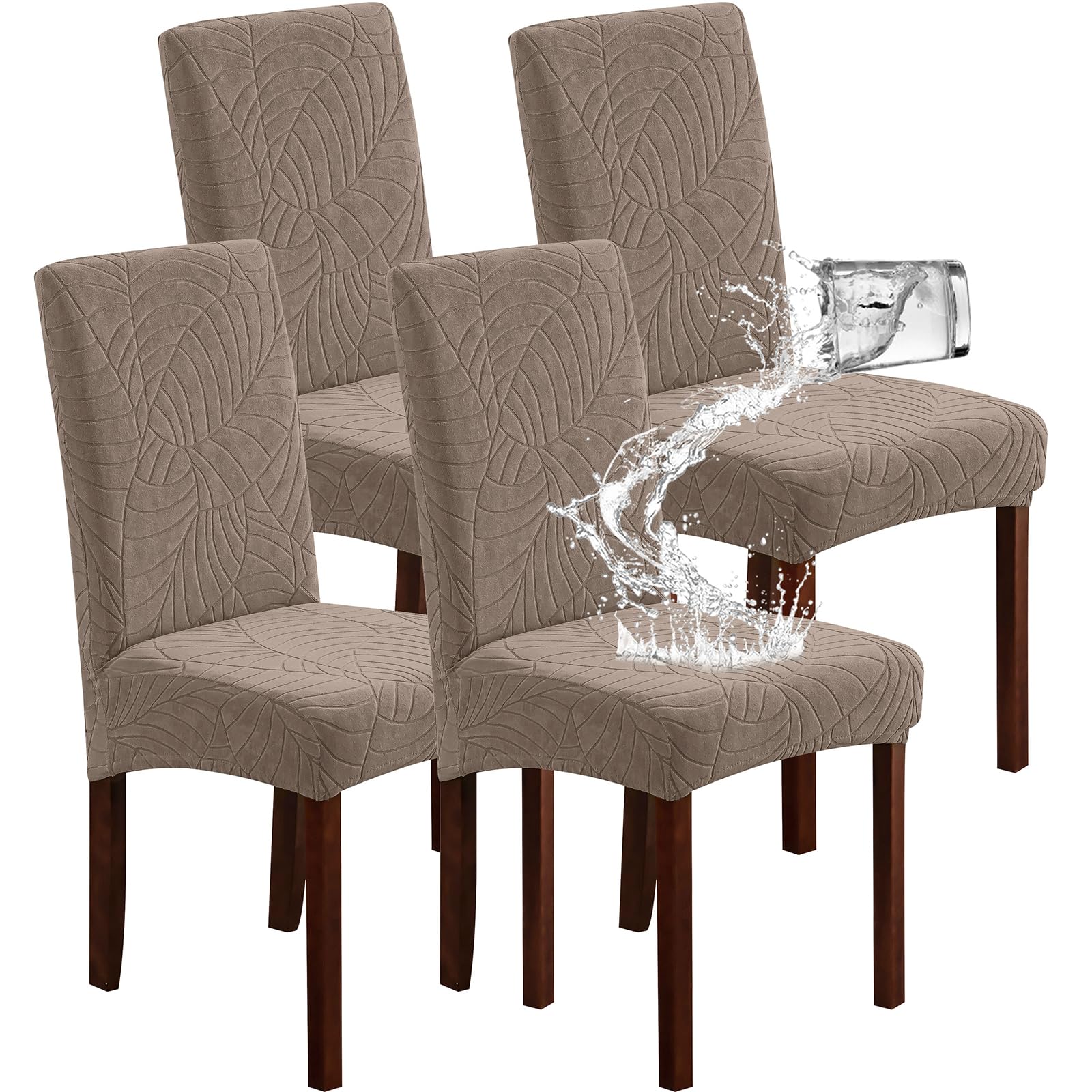 Genina 100% Waterproof Chair Covers for Dining Room Set of 4, Stretch Parson Chair Slipcovers for Kitchen Chairs, Washable Chair Protectors, Leaves-Warm Gray