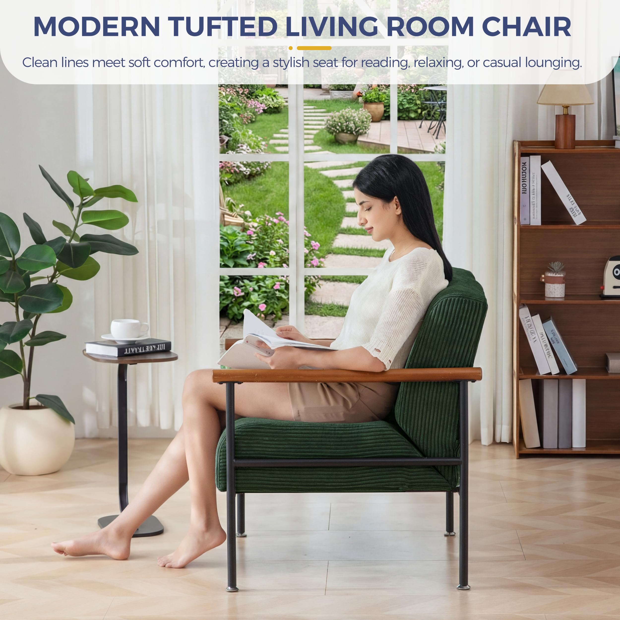 MAXYOYO Living Room Accent Chair, Modern Chair with Sturdy Metal Frame & Wood Armrests, Upholstered Reading Chair with Upholstered Cushion for Bedroom Balcony Porch, Beige