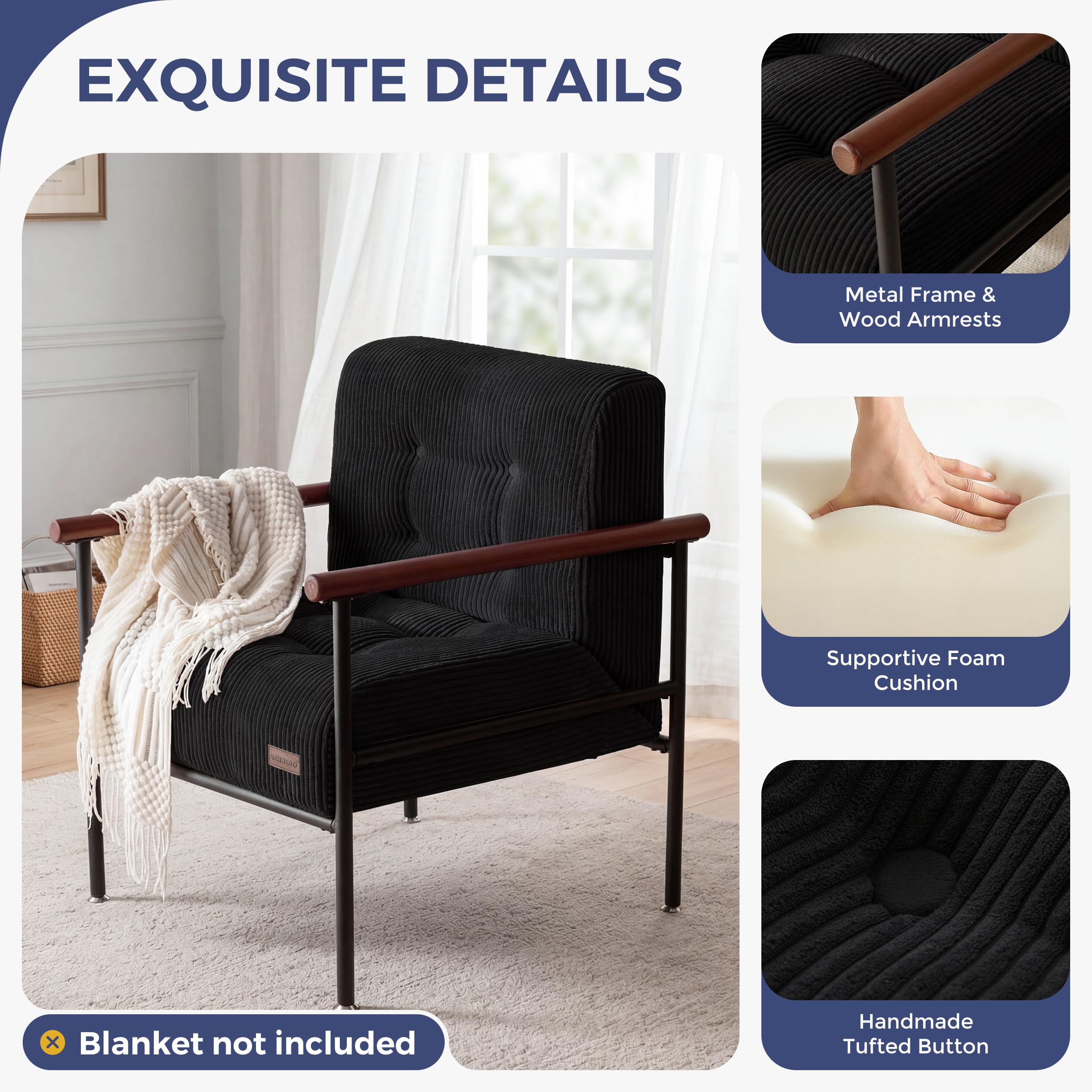 MAXYOYO Living Room Accent Chair, Modern Chair with Sturdy Metal Frame & Wood Armrests, Upholstered Reading Chair with Upholstered Cushion for Bedroom Balcony Porch, Beige