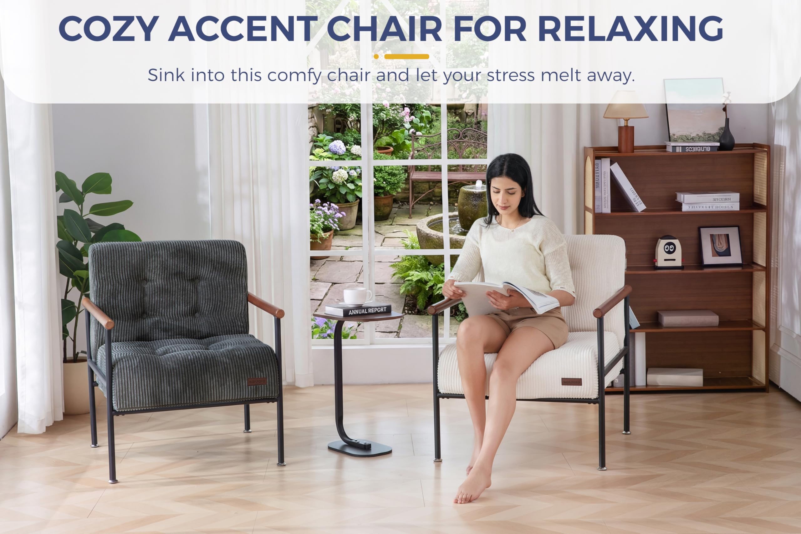 MAXYOYO Living Room Accent Chair, Modern Chair with Sturdy Metal Frame & Wood Armrests, Upholstered Reading Chair with Upholstered Cushion for Bedroom Balcony Porch, Beige