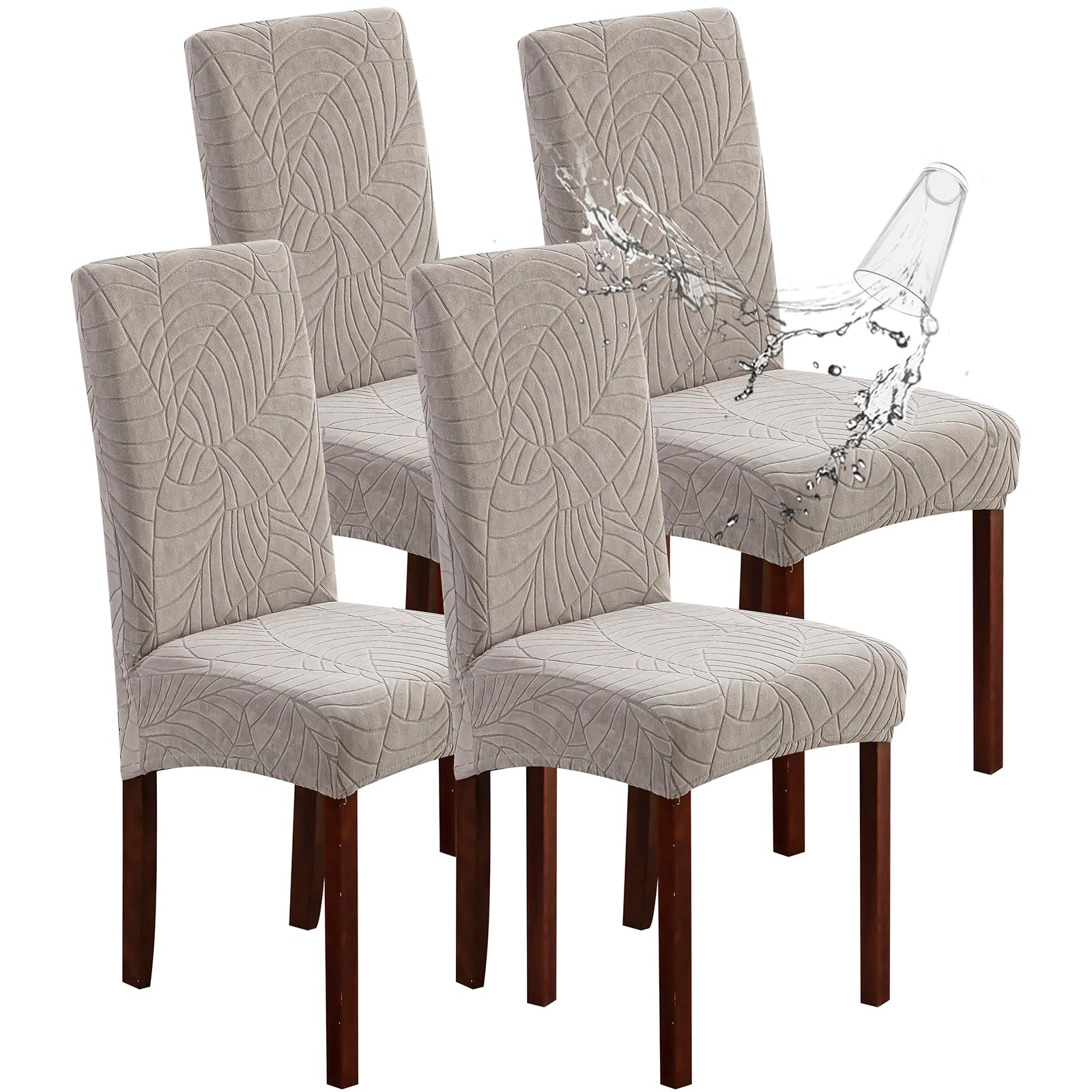 Genina 100% Waterproof Chair Covers for Dining Room Set of 4, Stretch Parson Chair Slipcovers for Kitchen Chairs, Washable Chair Protectors, Leaves-Warm Gray