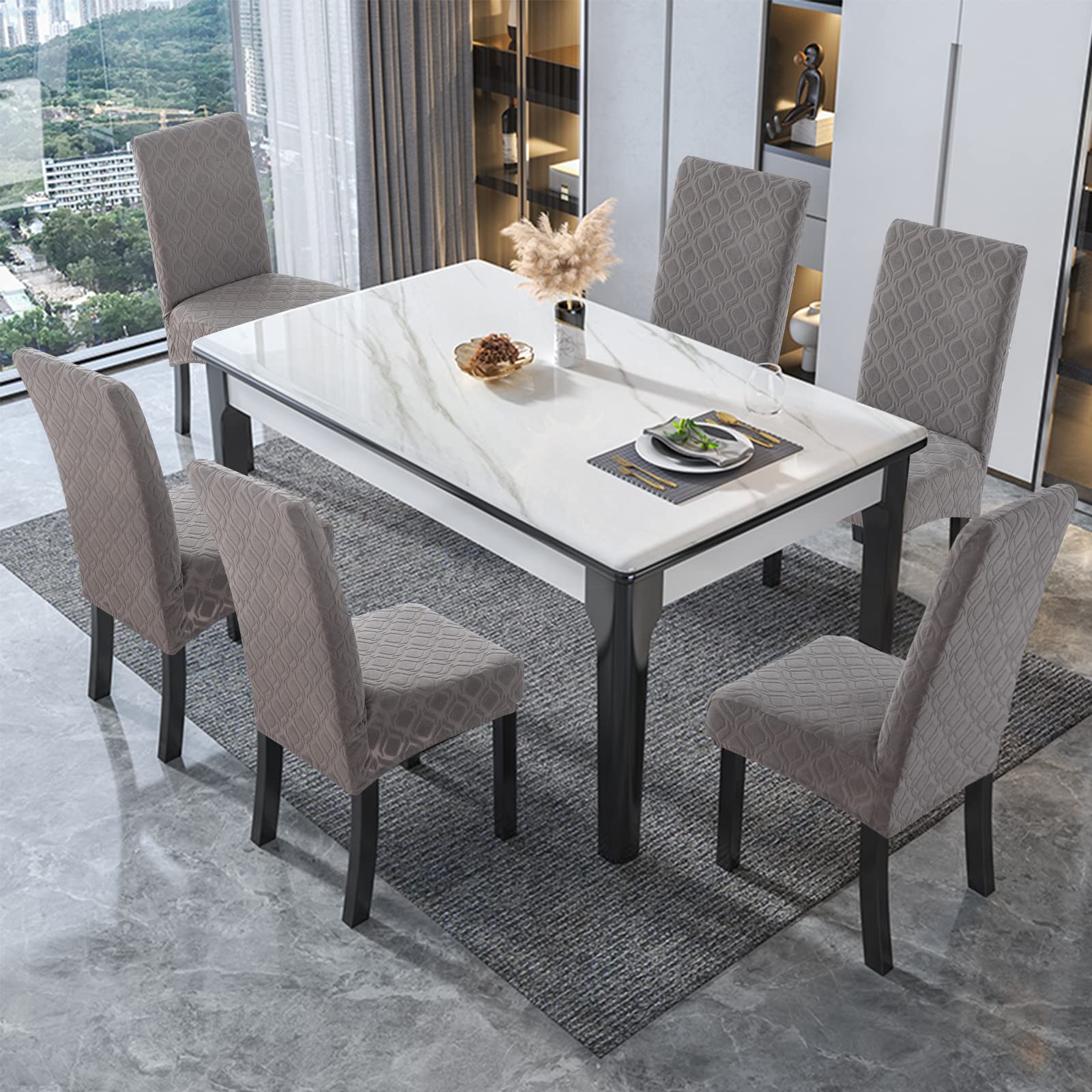 Genina 100% Waterproof Chair Covers for Dining Room Set of 4, Stretch Parson Chair Slipcovers for Kitchen Chairs, Washable Chair Protectors, Leaves-Warm Gray