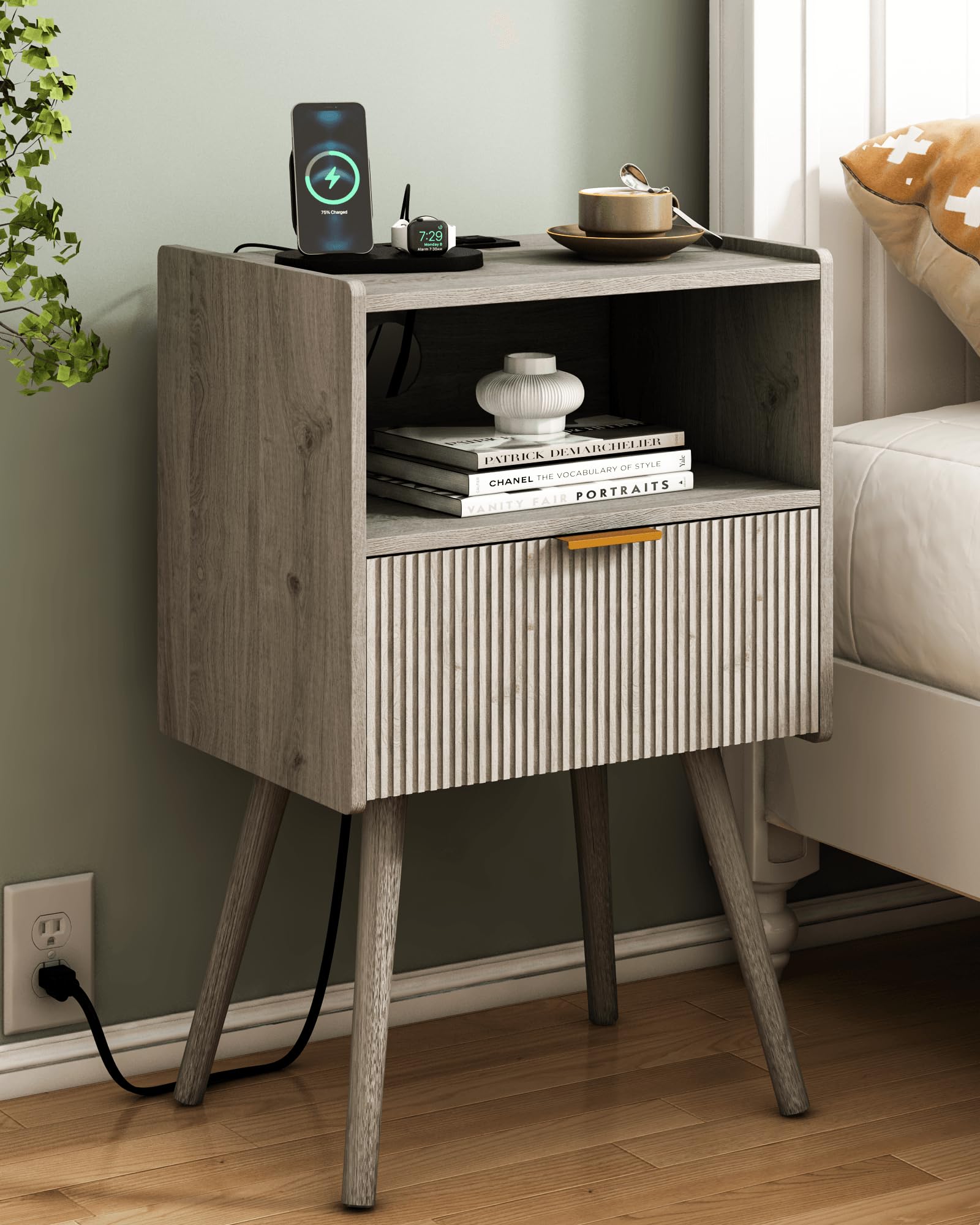 JOONEE Nightstand,Modern Bedside Table with Storage Drawer and Open Wood Shelf, for Living Room, Bedroom and Small Spaces, Accent Night Stand with Solid Wood Legs, Easy Assembly,Walnut Brown