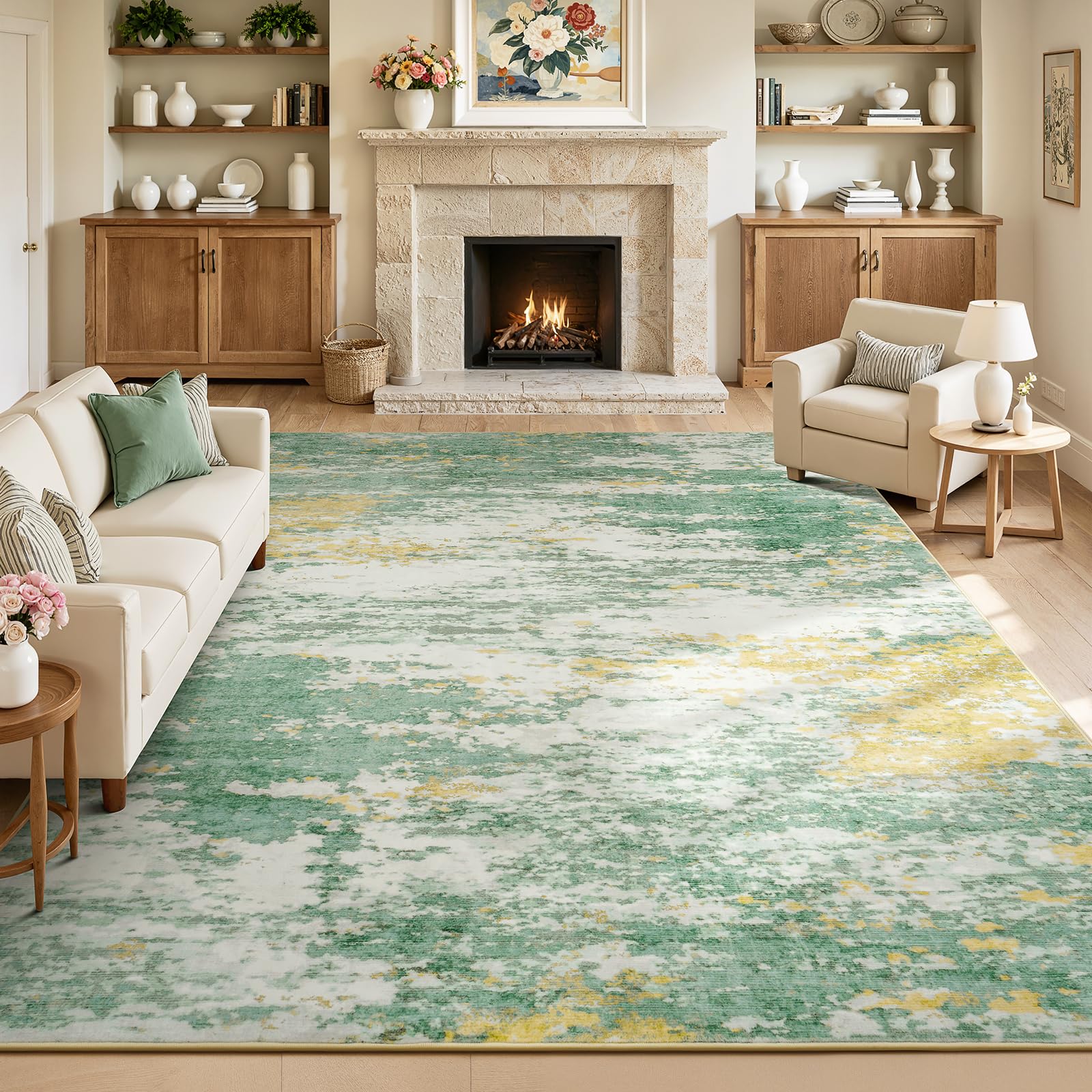 Lofus 8x10 Area Rug for Living Room, Gold Abstract Large Rugs with Non-Slip Backing, Neutral Modern Washable Carpet for Bedroom Dining Room Home Office Nursery Indoor