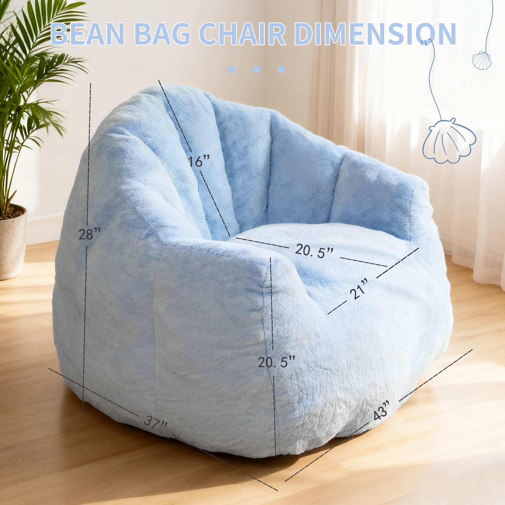 Bean Bag Chair, Giant Beanbag Chiars for Adults, Faux Fur Shell-Shaped Floor Sofa with Filler, Comfy Chair for Reading, Gaming and Relax (Grey)
