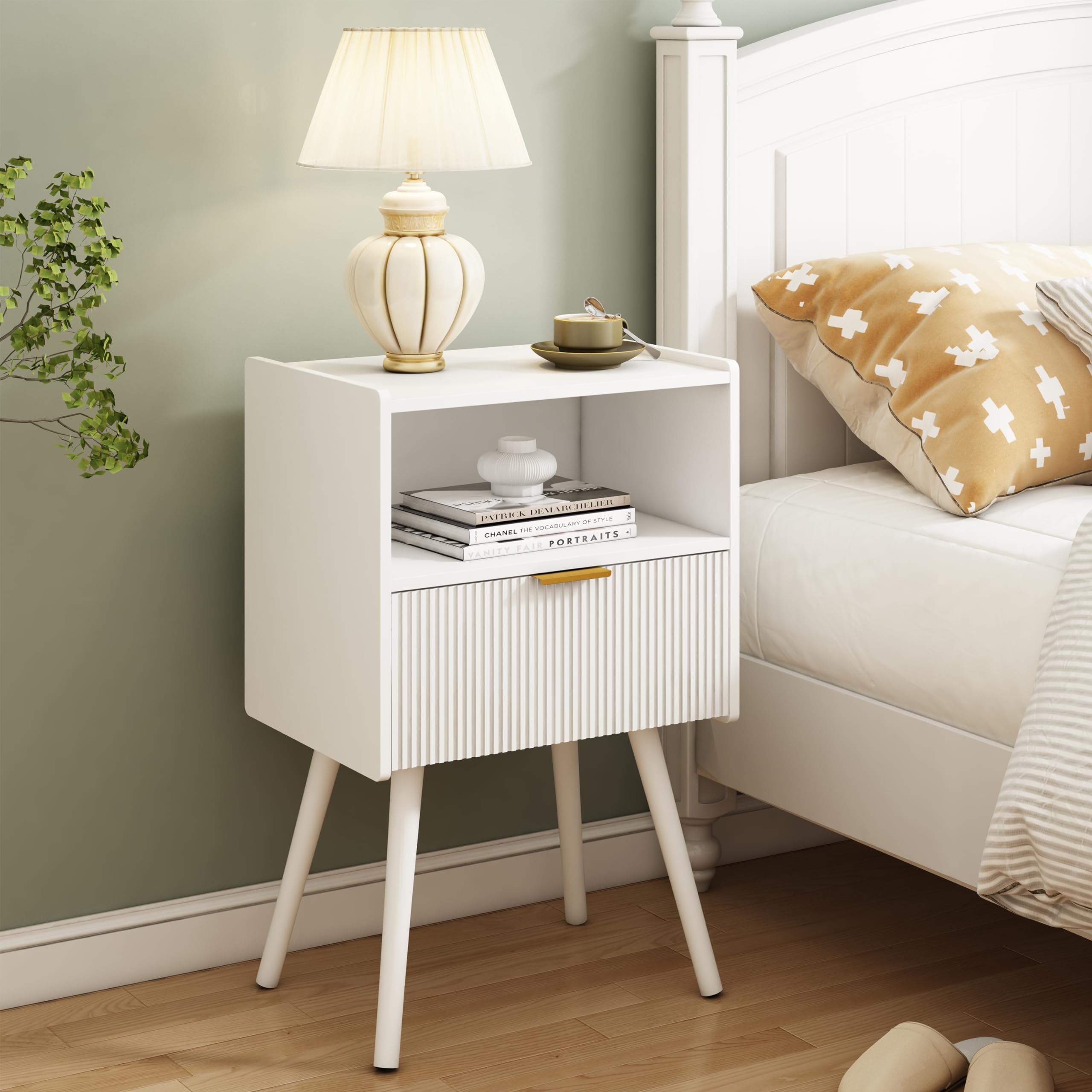 JOONEE Nightstand,Modern Bedside Table with Storage Drawer and Open Wood Shelf, for Living Room, Bedroom and Small Spaces, Accent Night Stand with Solid Wood Legs, Easy Assembly,Walnut Brown